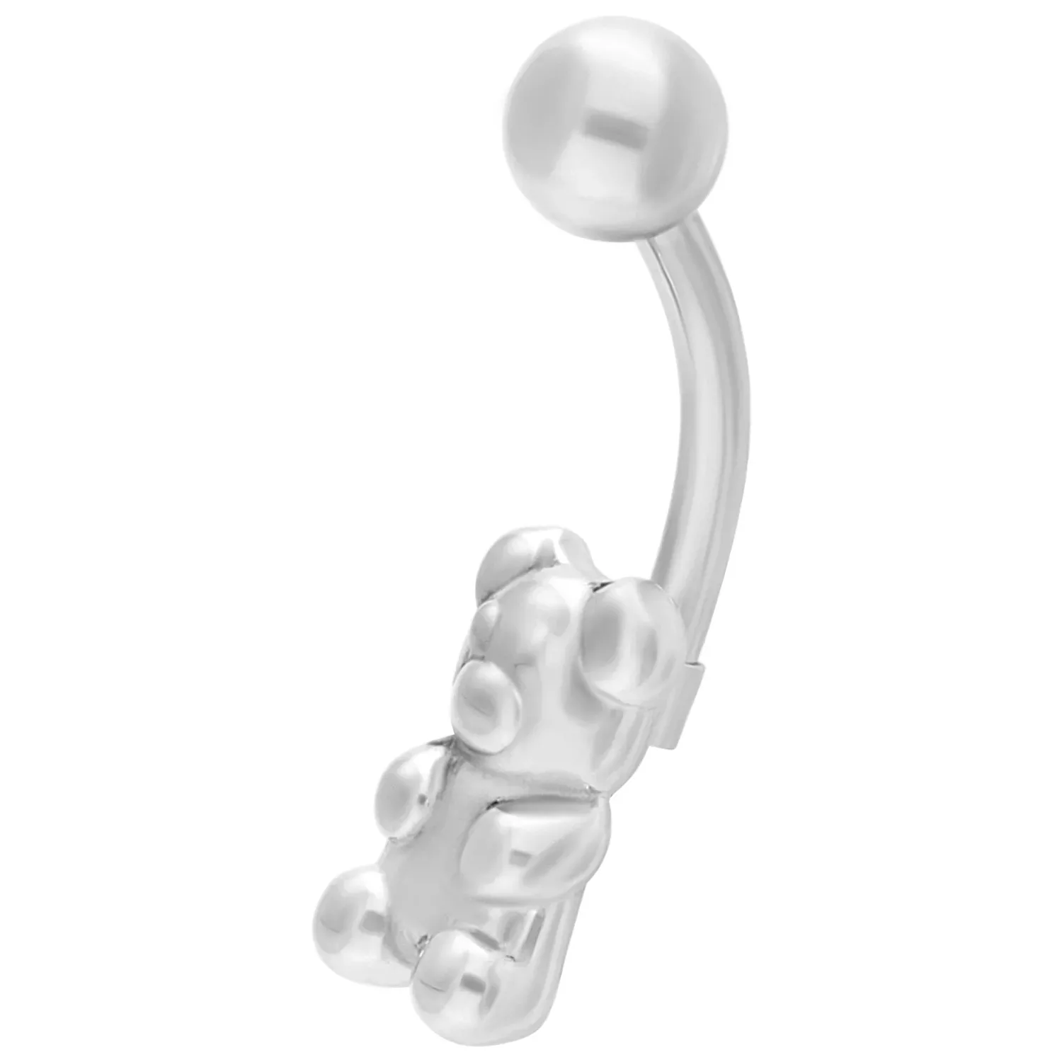 Hopeinen napalävistys banaanin muodossa, jossa on Gummibär-kuvio valkoisella taustalla