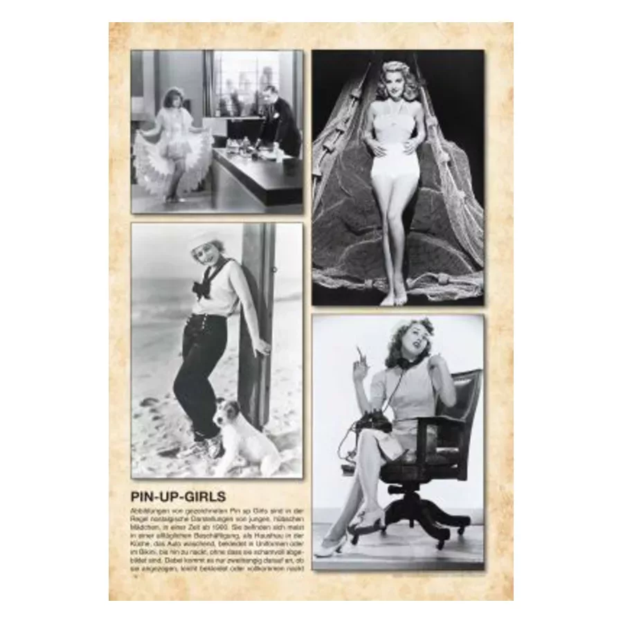 Collage von Pin-Up Girls in Schwarz-Weiß mit Retro-Design auf beigem Hintergrund