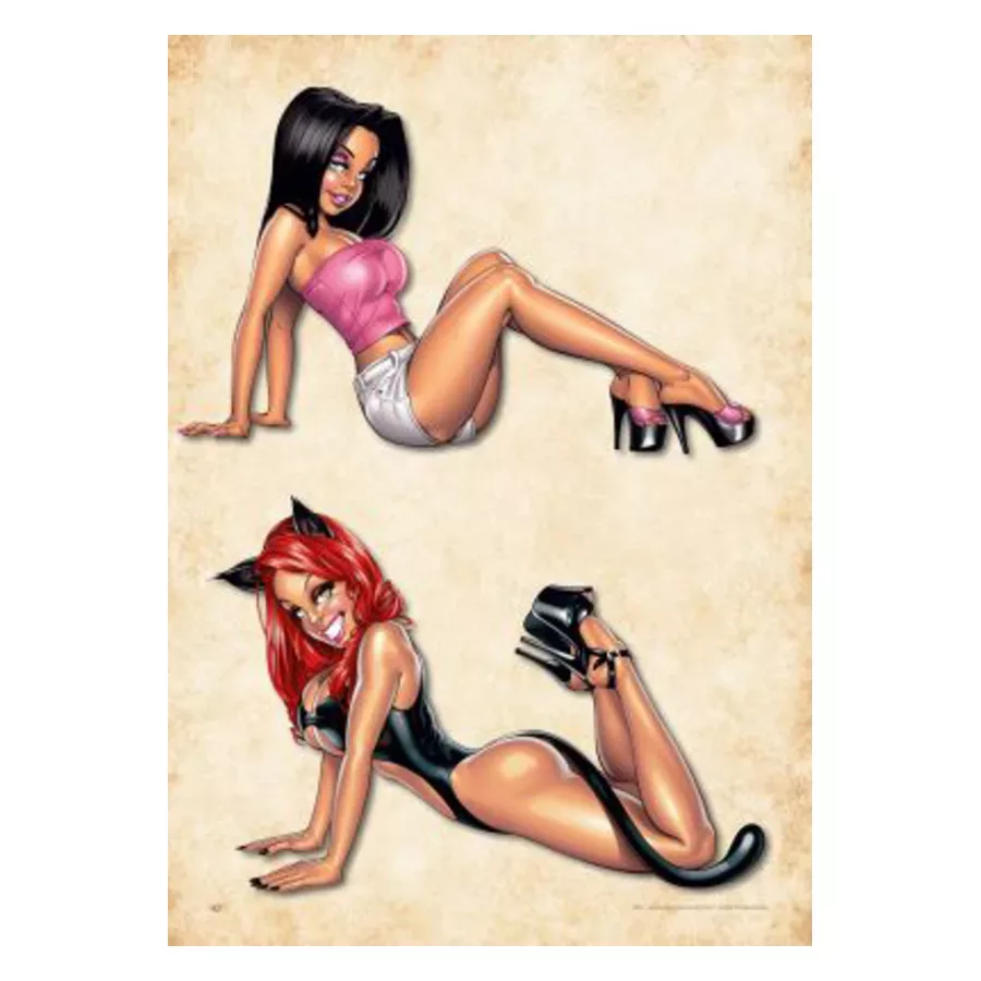 Zwei Pin-up-Girls, eines mit roten Haaren und Katzenkostüm, das andere im pinken Top und weißen Shorts auf beigem Hintergrund
