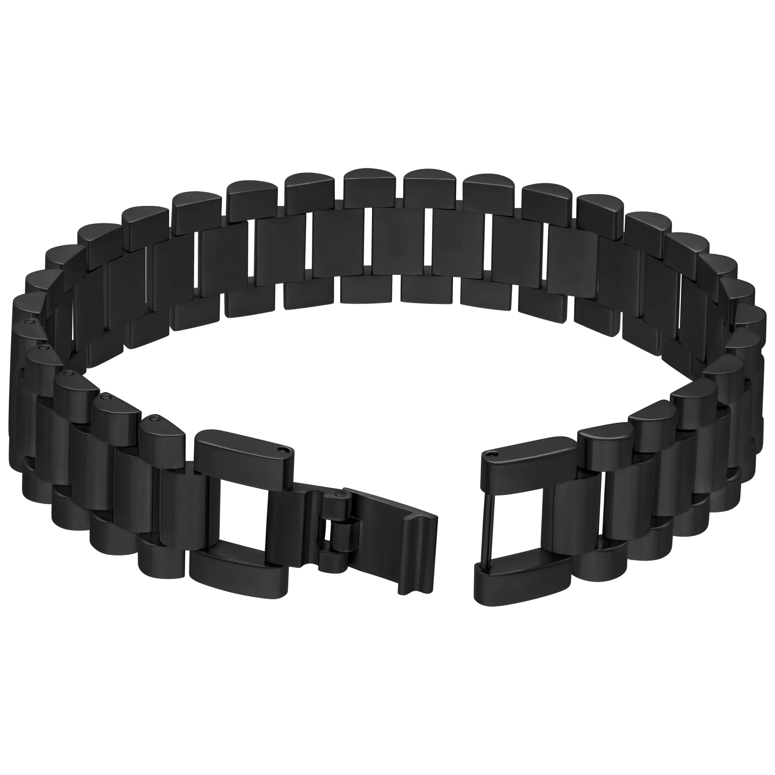 Musta Watch-ranneke kirurginteräksestä Musta ruostumattomasta teräksestä valmistettu ranneke valkoisella taustalla