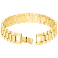 Kultainen kirurginteräksinen kelloranneke Kultainen metalliranneke kirurginteräksestä 316L valkoisella taustalla