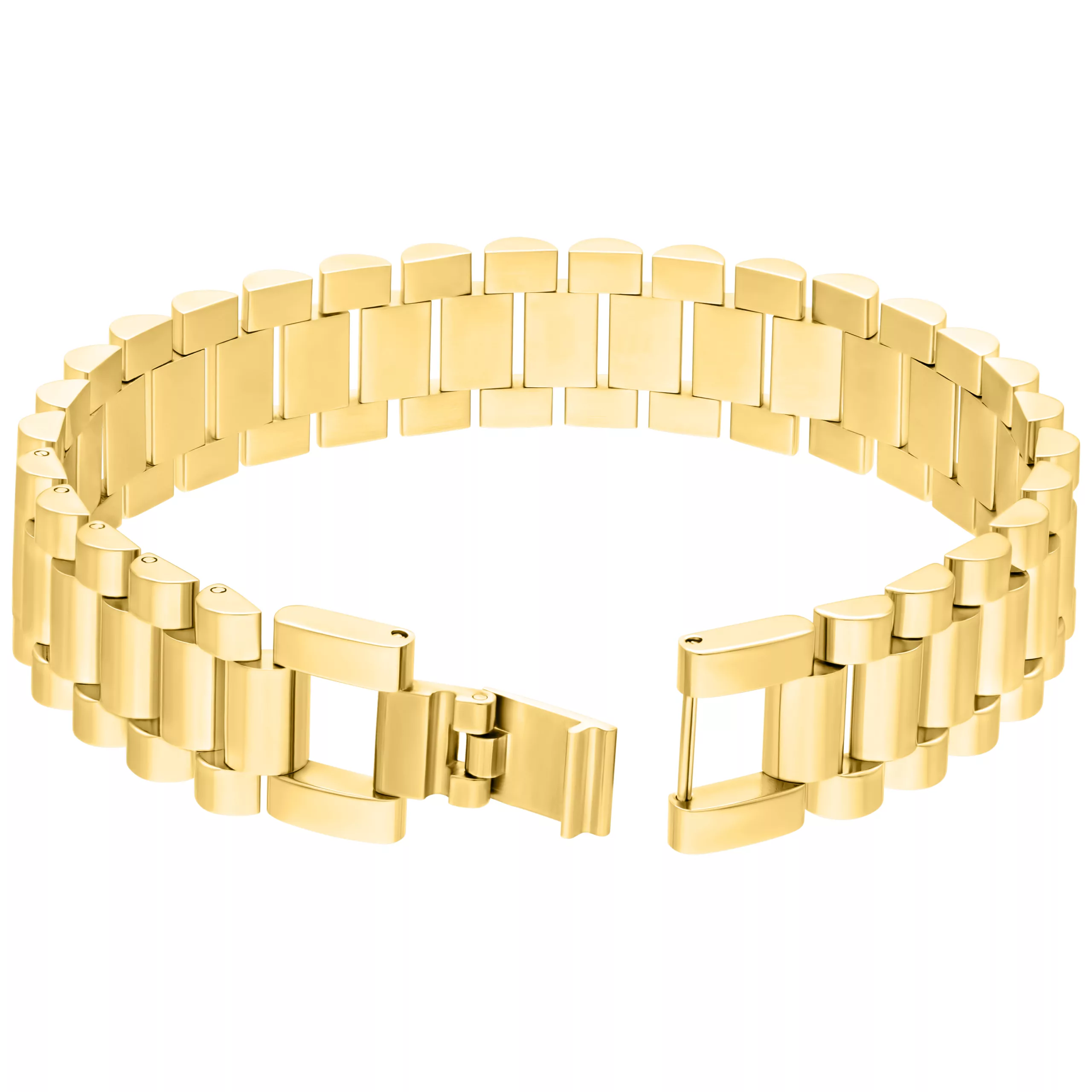 Kultainen kirurginteräksinen kelloranneke Kultainen metalliranneke kirurginteräksestä 316L valkoisella taustalla