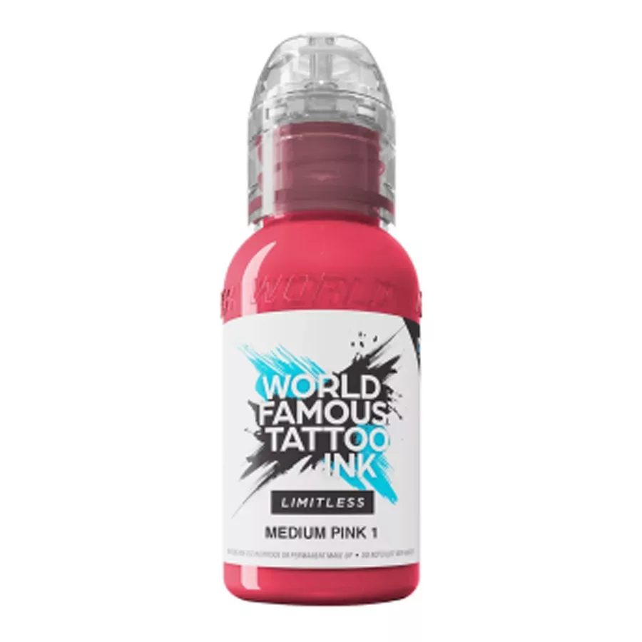 Pullo World Famous Ink Medium Pink -tatuointimustetta valkoisella taustalla