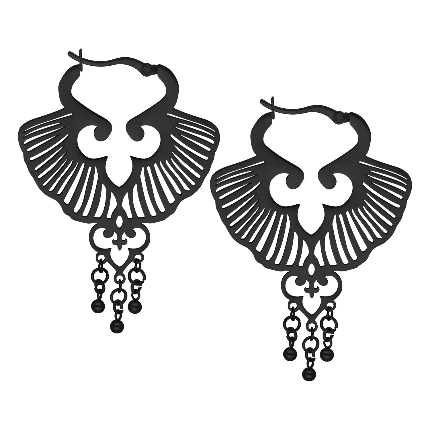 Musta Ginkgo korvakorut kirurginteräksestä valkoisella taustalla