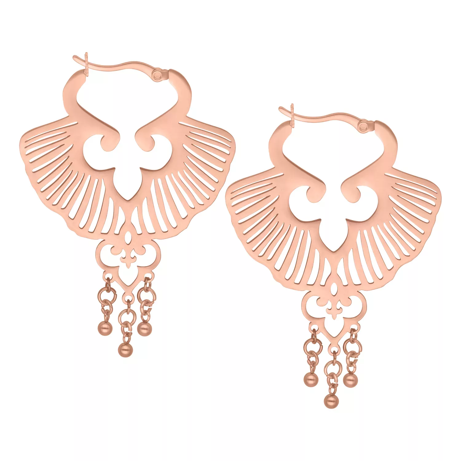 Ruusukultaiset Ginkgo-lehti korvakorut hienostuneella muotoilulla valkoisella taustalla