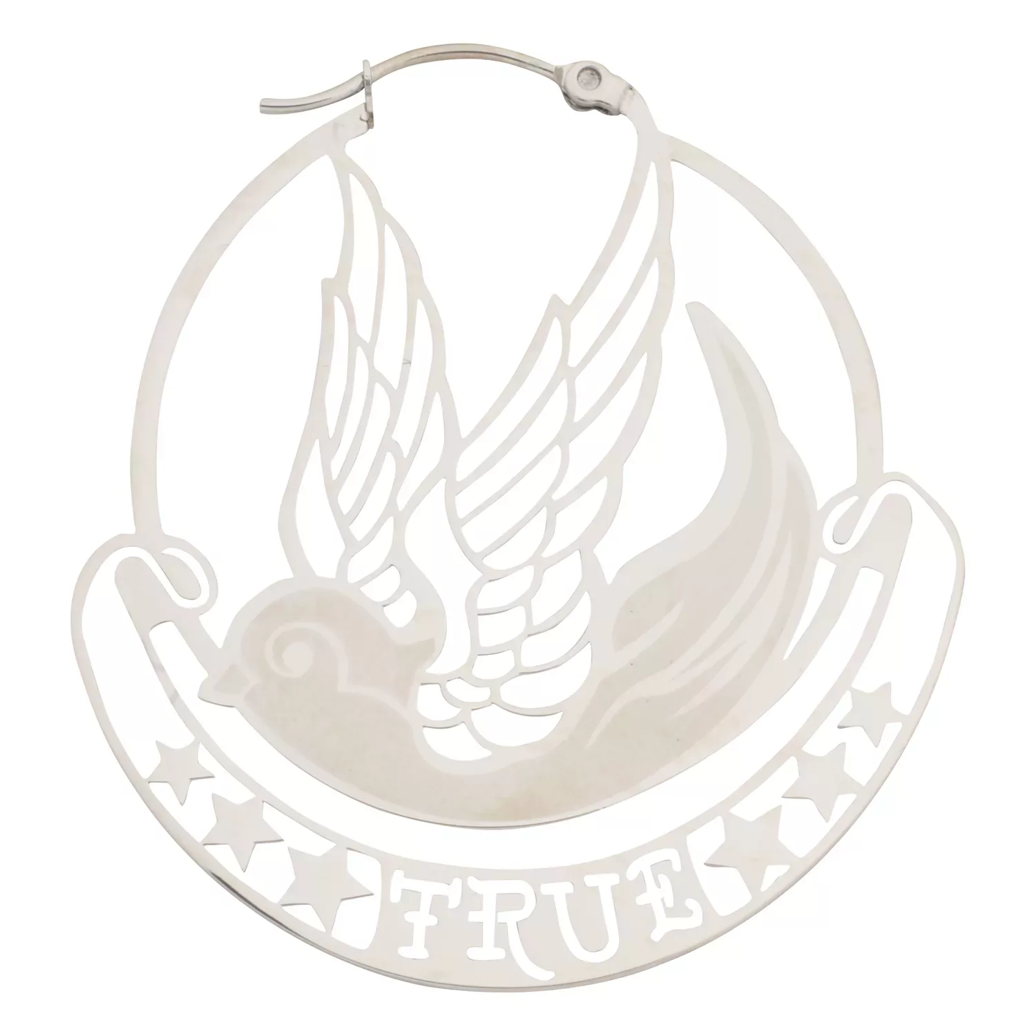 Silberne Swallow True Love Creolen Silberne Creolen mit Schwalbenmotiv und Schriftzug 'TRUE' auf weißem Hintergrund