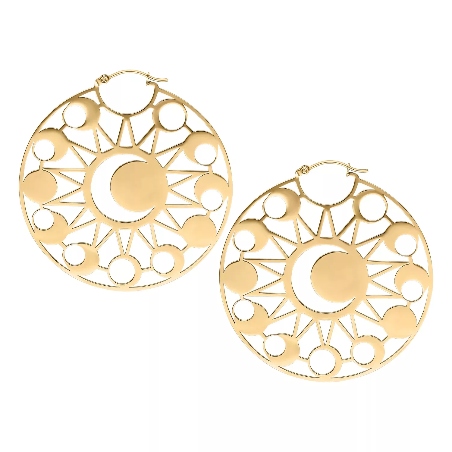 Kultaiset korvakorut kuun eklipsi -designilla ja klipsilukolla valkoisella taustalla
