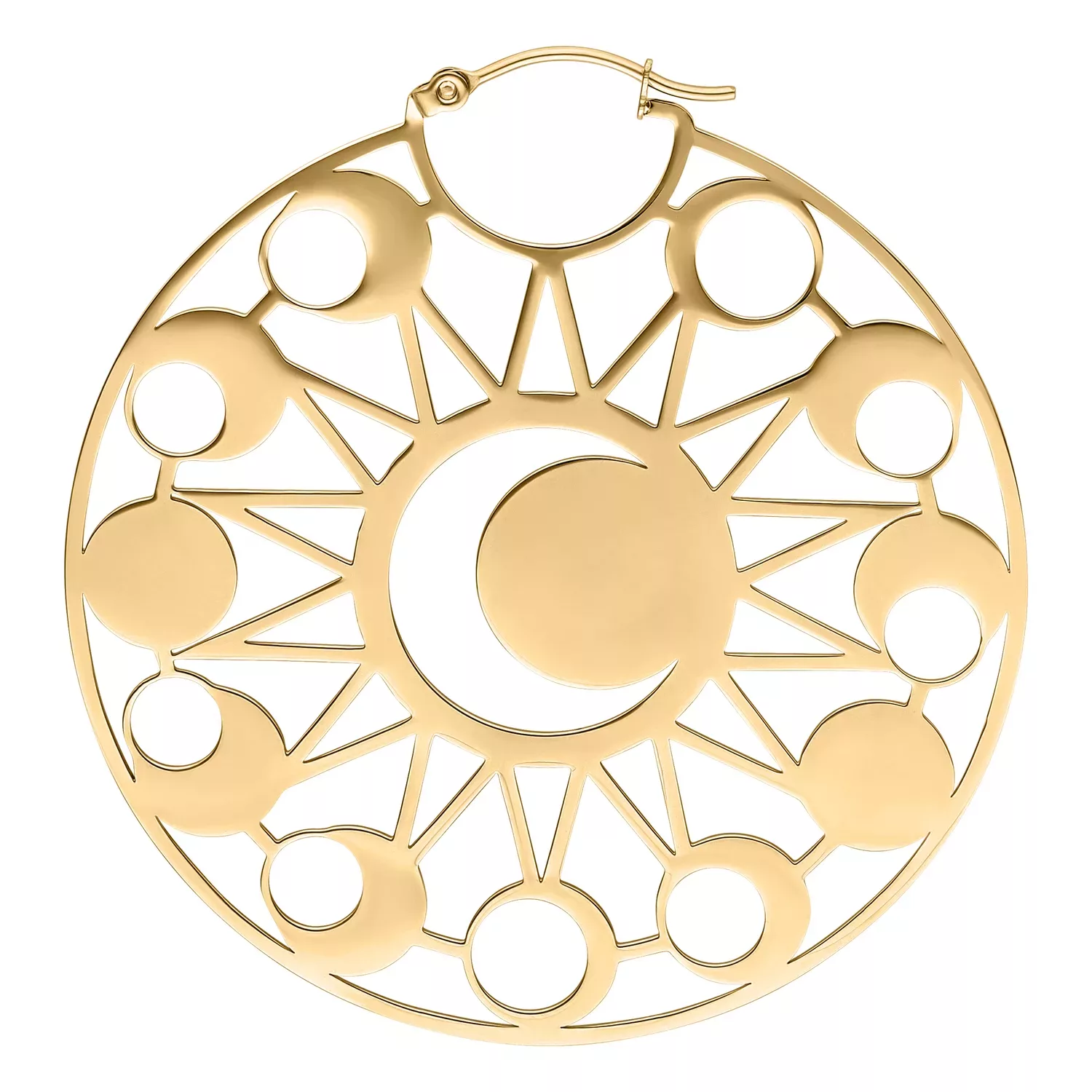 Kultaiset pyöreät korvakorut kuu- ja aurinkokuvioilla valkoisella taustalla