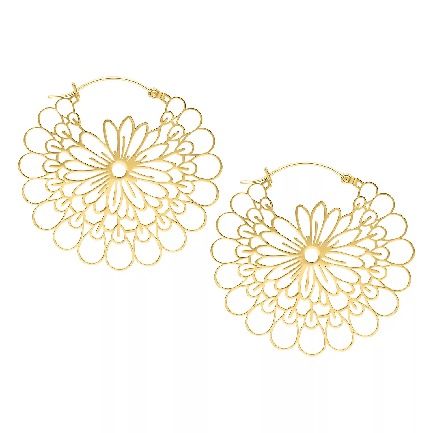 Kultaiset Daisy Hoops -korvakorut, kirurginteräs Kultaiset Daisy Hoops -korvakorut kirurginteräksestä valkoisella taustalla