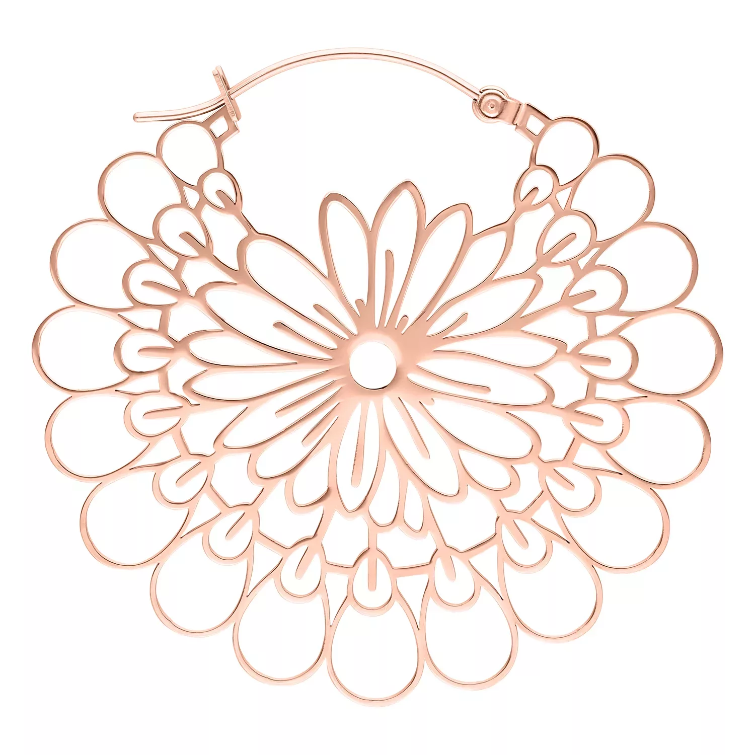 Ruusuhopeiset Daisy Hoops -korvakorut valkoisella taustalla, kiillotettu