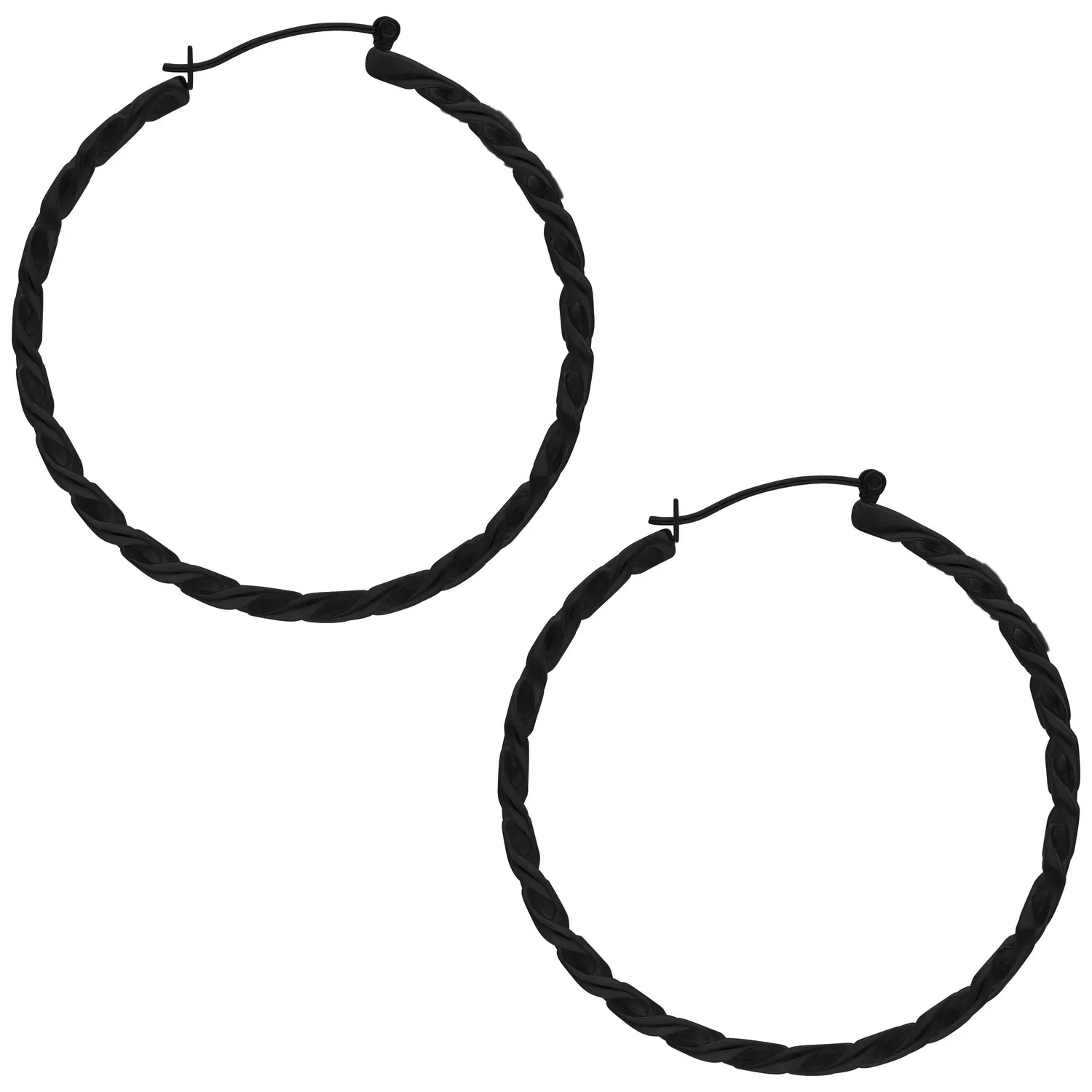Musta Curbchain Hoops kirurginteräksestä Kaksi mustaa Curbchain Hoopsia kiiltävästä kirurginteräksestä valkoisella taustalla