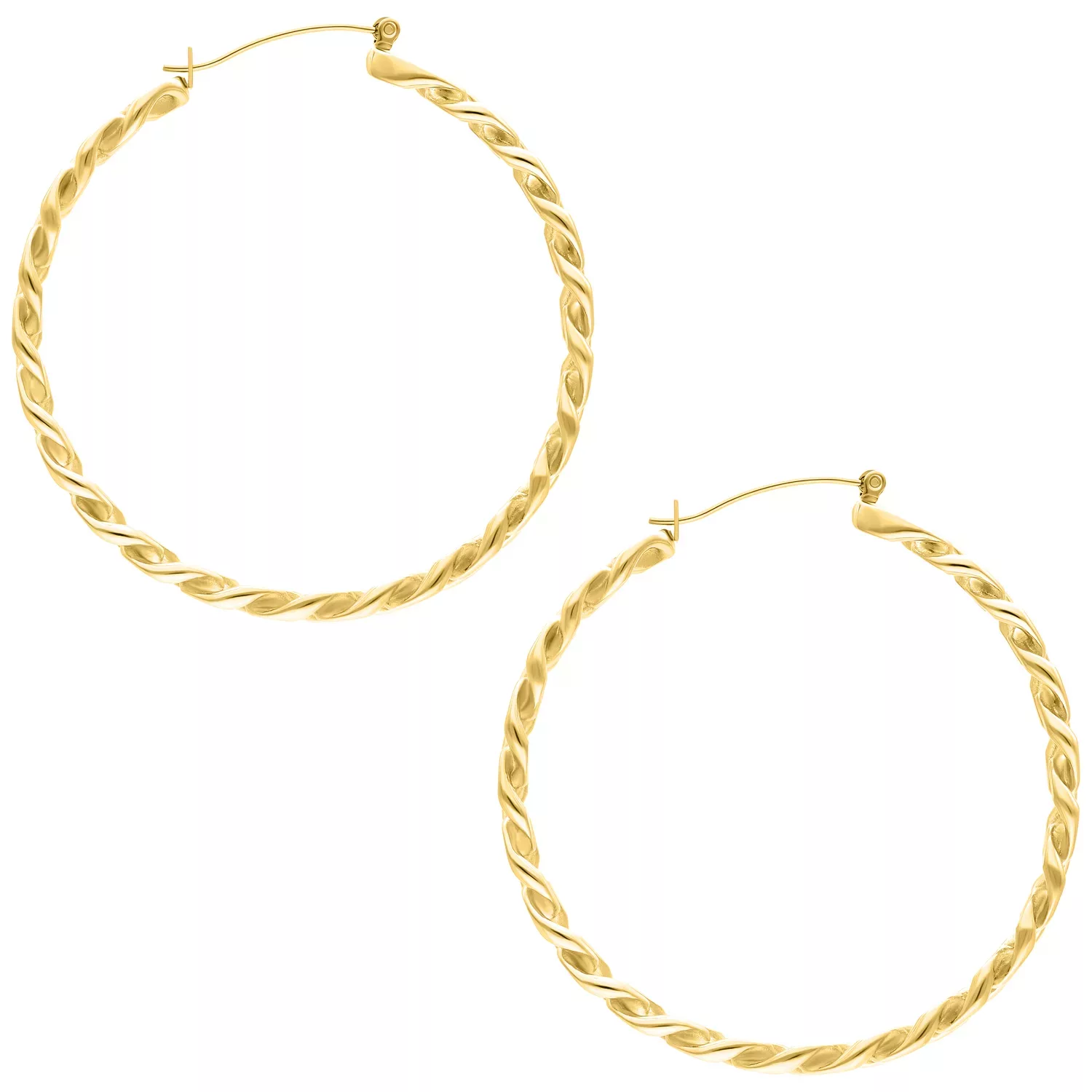 Kaksi kultaista Curbchain Hoops -korvakorua kirurginteräksestä valkoisella taustalla