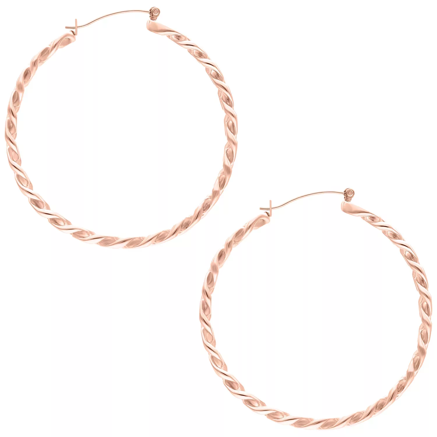 Kaksi kiiltävää rosékultaista Curbchain-korvakorua valkoisella taustalla