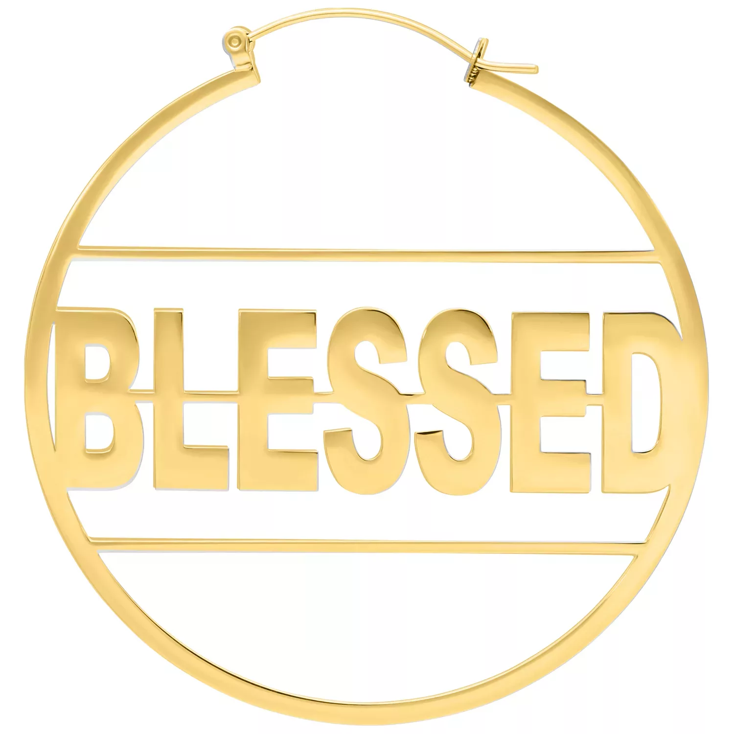 Kultaiset korvakorut, joissa teksti 'BLESSED' valkoisella taustalla