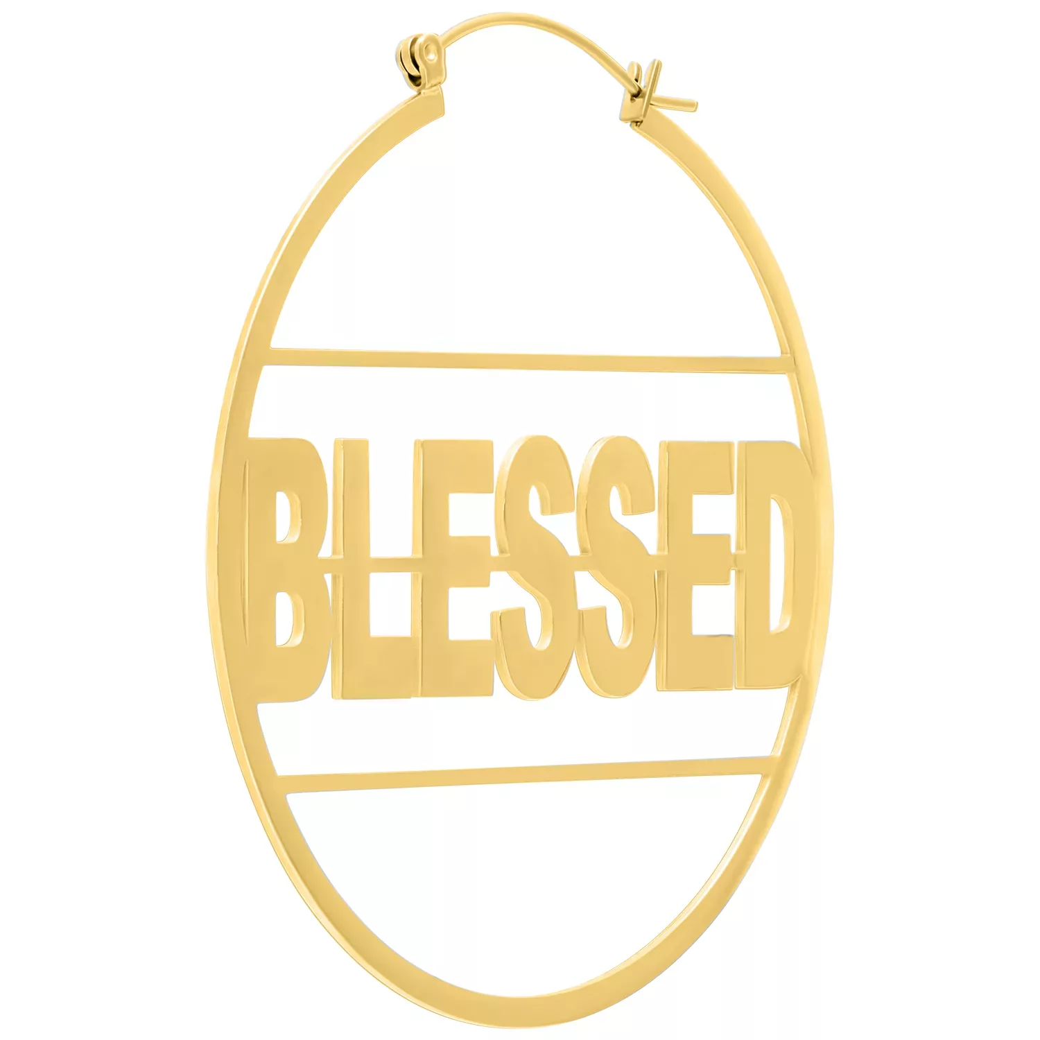 Kultaiset korvakorut 'Blessed' tekstillä valkoisella taustalla