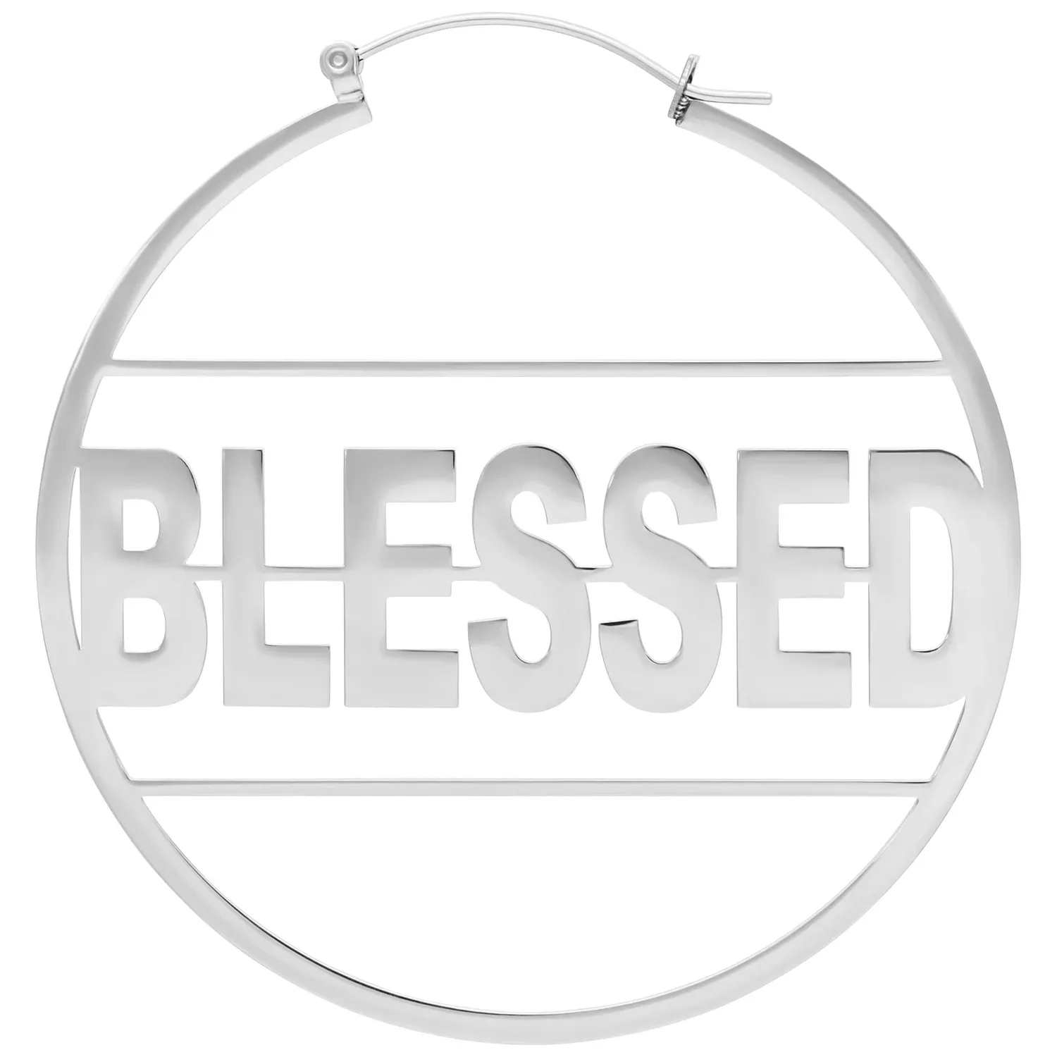 Hopeiset korvakorut, joissa teksti 'Blessed' valkoisella taustalla