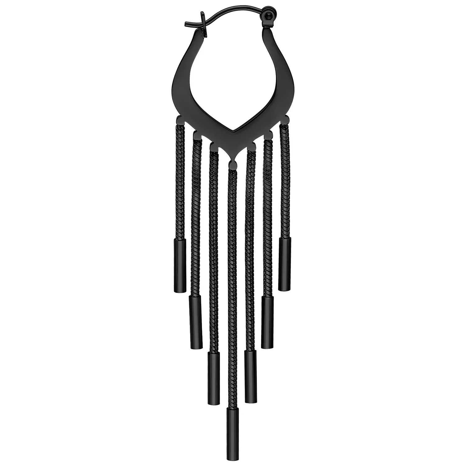 Mustat Snakechain Hoops -korvakorut klipsilukolla ja ketjuriipuksilla valkoisella taustalla