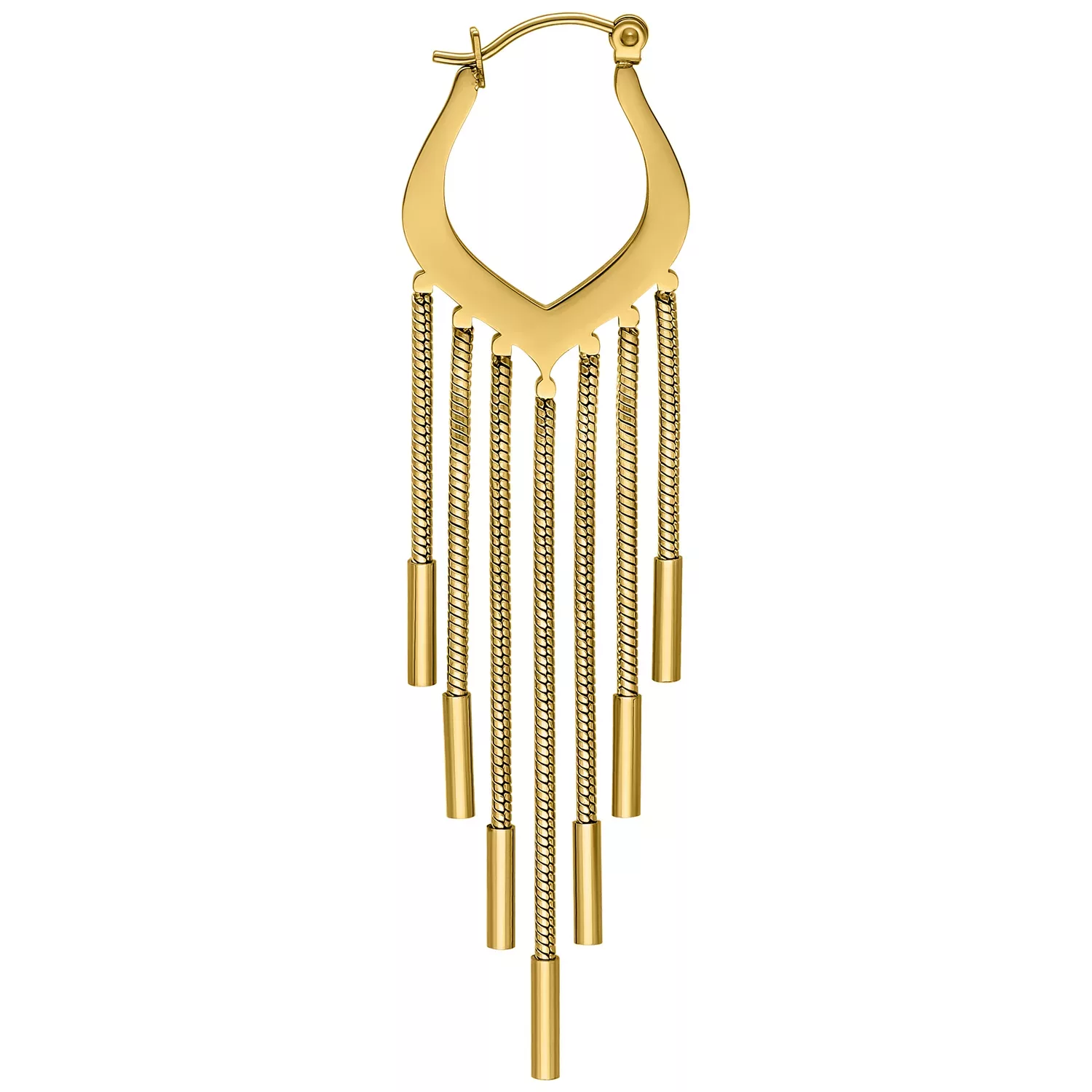 Kultaiset Snakechain-korvarenkaat kirurginteräksestä Kultaiset korvarenkaat ketjuyksityiskohdilla kirurginteräksestä valkoisella taustalla