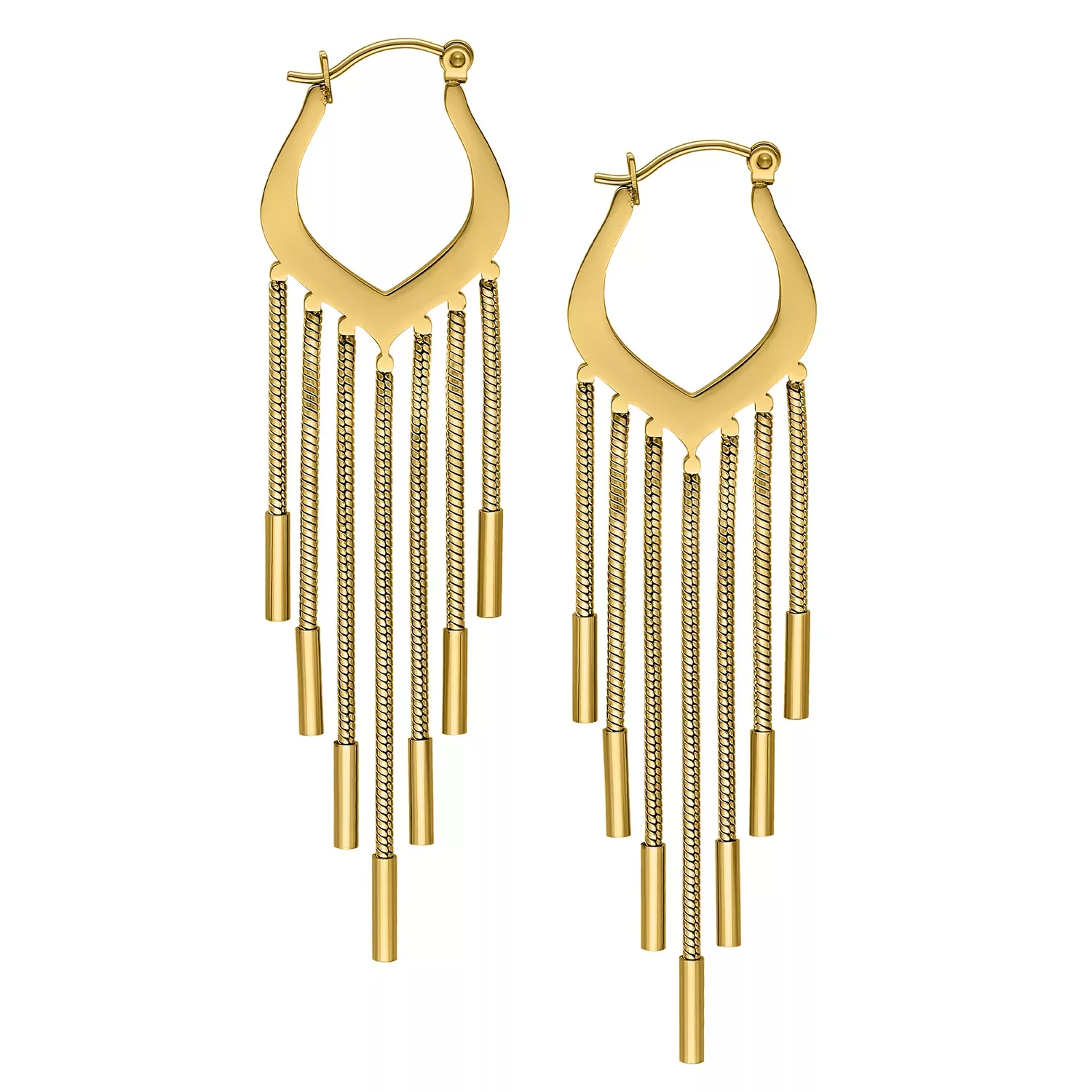 Kultaiset Snakechain Hoops -korvakorut Kultaiset korvakorut käärmeketjumuotoilulla ja klipsilukolla valkoisella taustalla