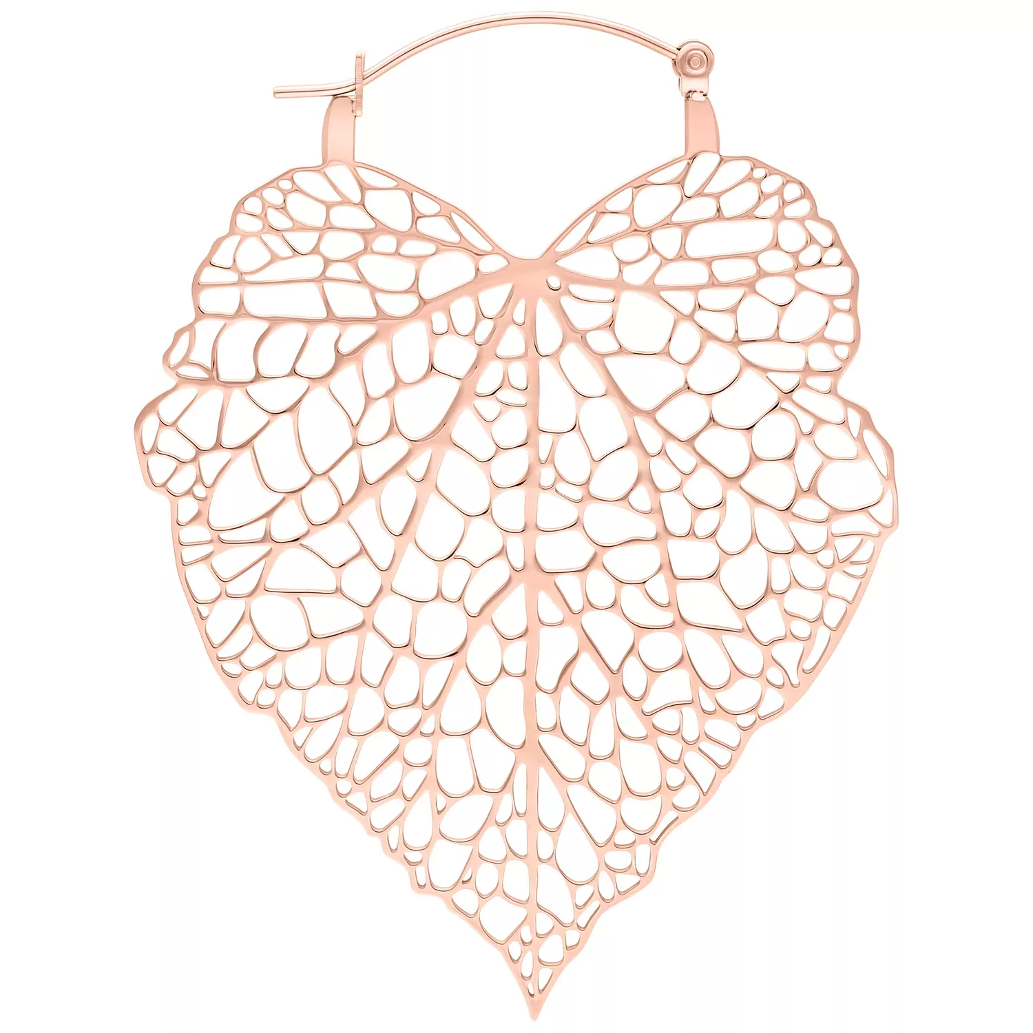 Ruusukultaiset lehtimuotoiset korvakorut hienostuneella designilla valkoisella taustalla