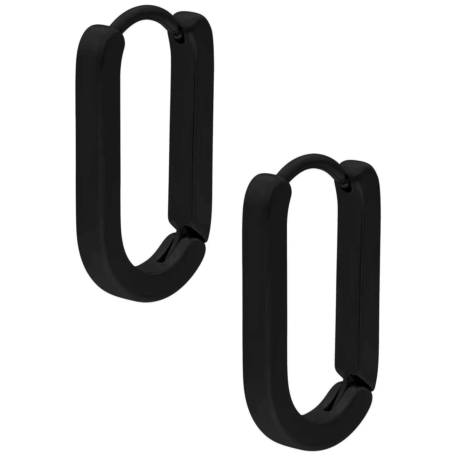 Kaksi mustaa korvarengasta kirurginteräksestä valkoisella taustalla