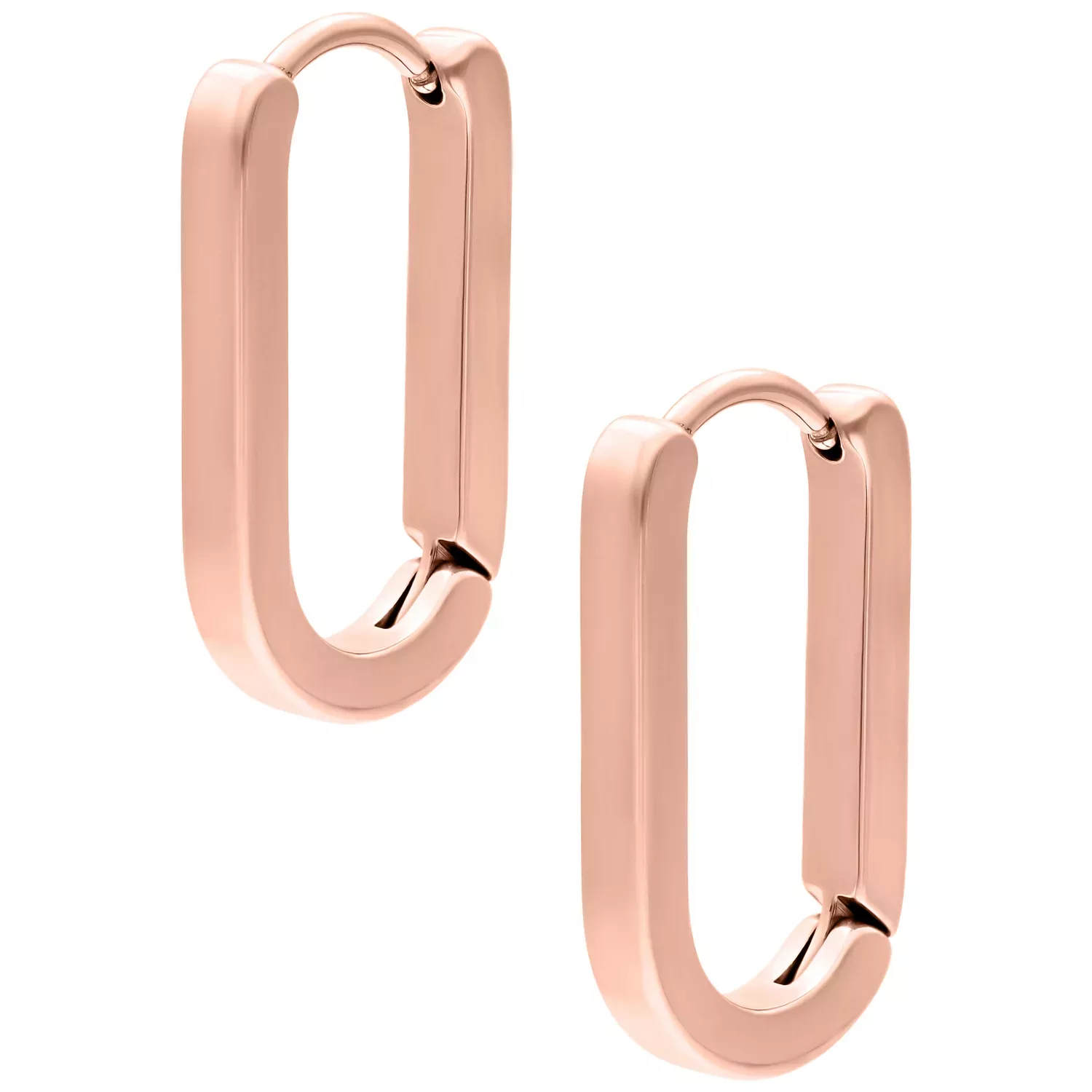 Ruusukultaiset ovaalit korvakorut kirurginteräksestä valkoisella taustalla