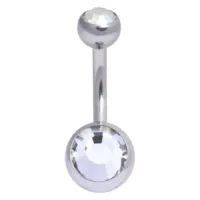 Doppeljuwelen Bauchnabelpiercing Titan Silbernes Bauchnabelpiercing mit zwei klaren Kristallen auf weißem Hintergrund