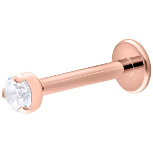 Rosékultainen labret kirkkaalla kristallilla valkoisella taustalla, 6,0 mm pitkä