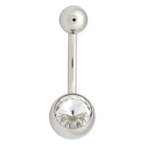 Silberner Bauchnabel Bananabell mit klarem Kristall auf weißem Hintergrund