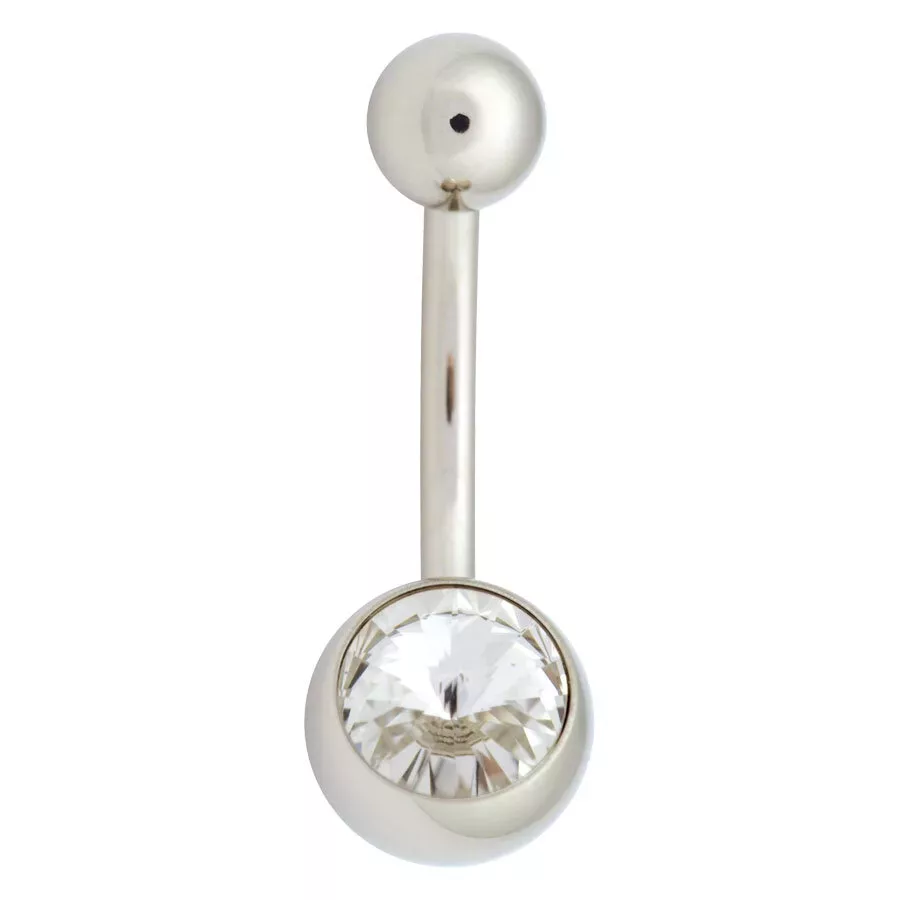 Silberner Bauchnabel Bananabell mit klarem Kristall auf weißem Hintergrund