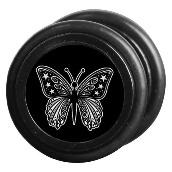 Schwarzer Butterfly Fake Plug aus Chirurgenstahl Schwarzer Fake Plug mit Schmetterlingsmotiv auf schwarzem Hintergrund