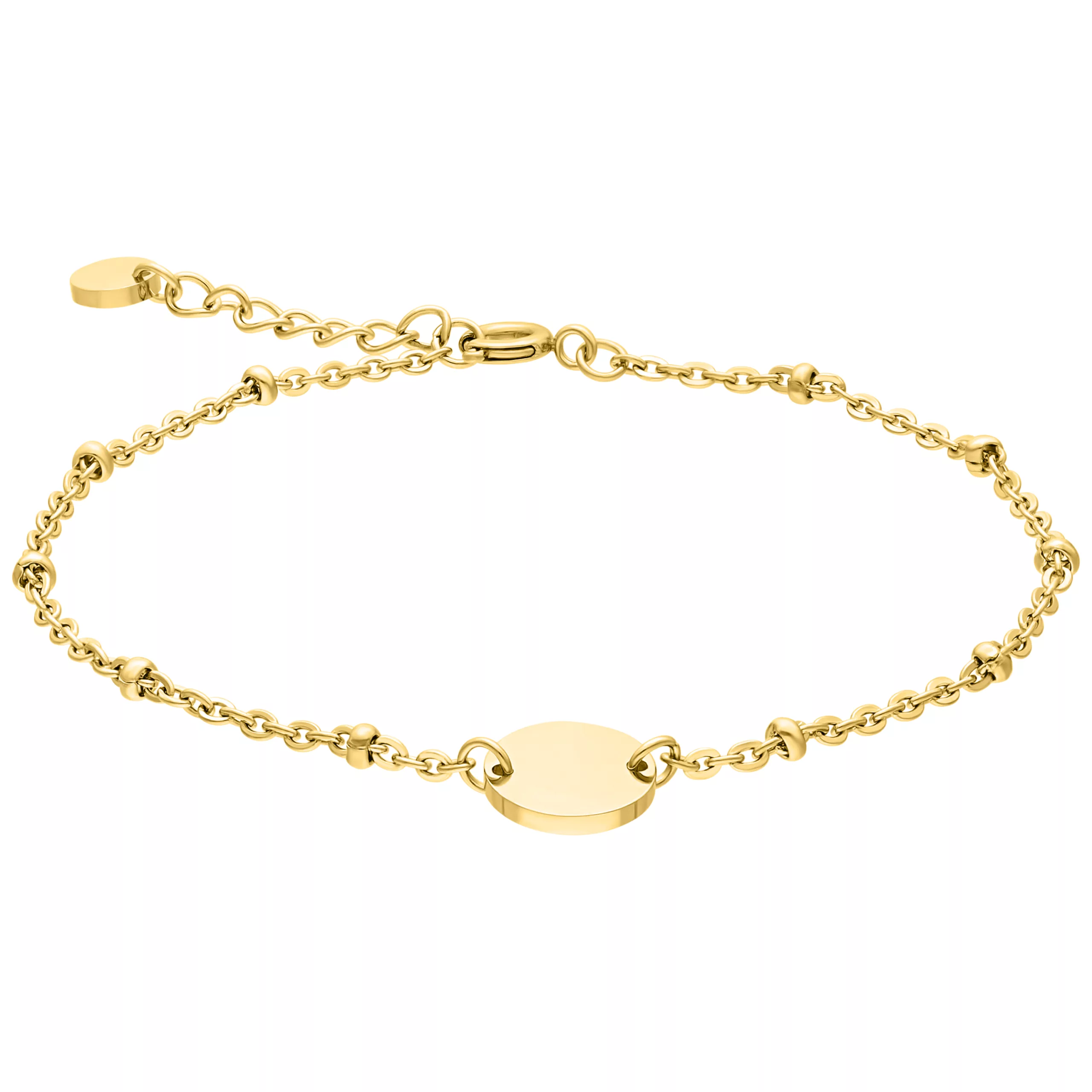 Kultainen rannekoru kirurginteräksestä 316L helmillä ja kaiverruslevyllä valkoisella taustalla