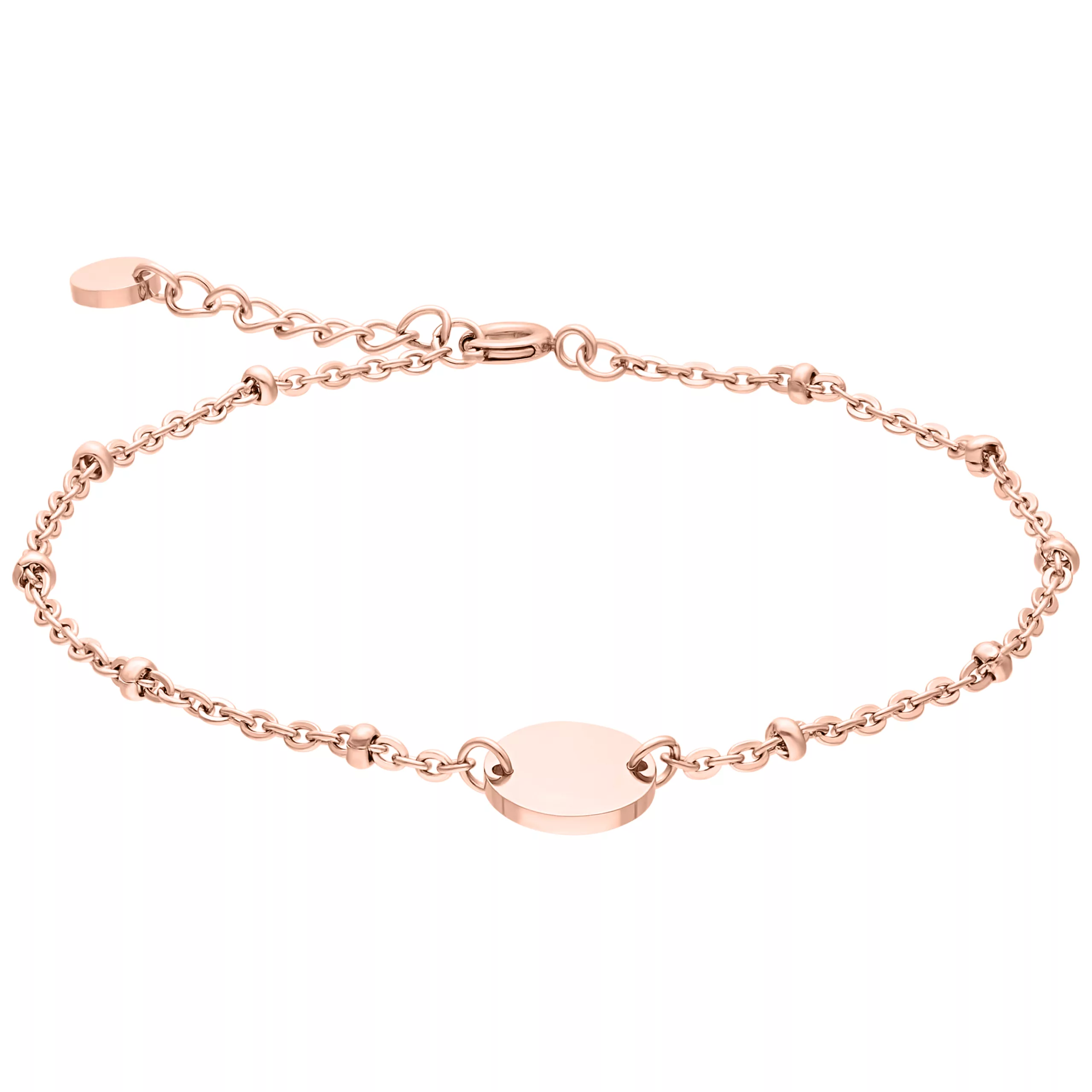 Ruusukultainen helmirannekoru valkoisella taustalla