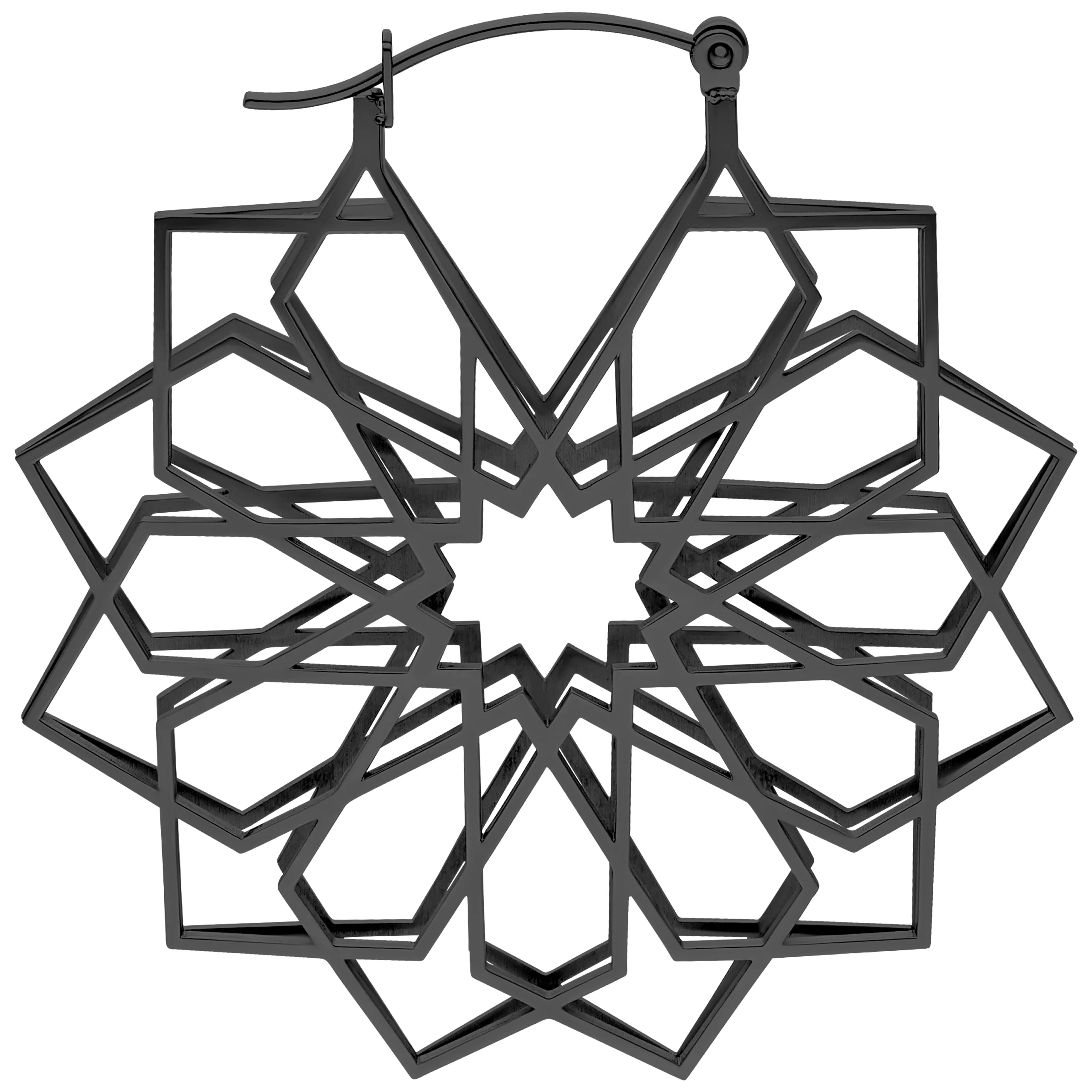 Mustat Kaleidoscope Hoops kirurginteräksestä 316L, geometrinen design valkoisella taustalla