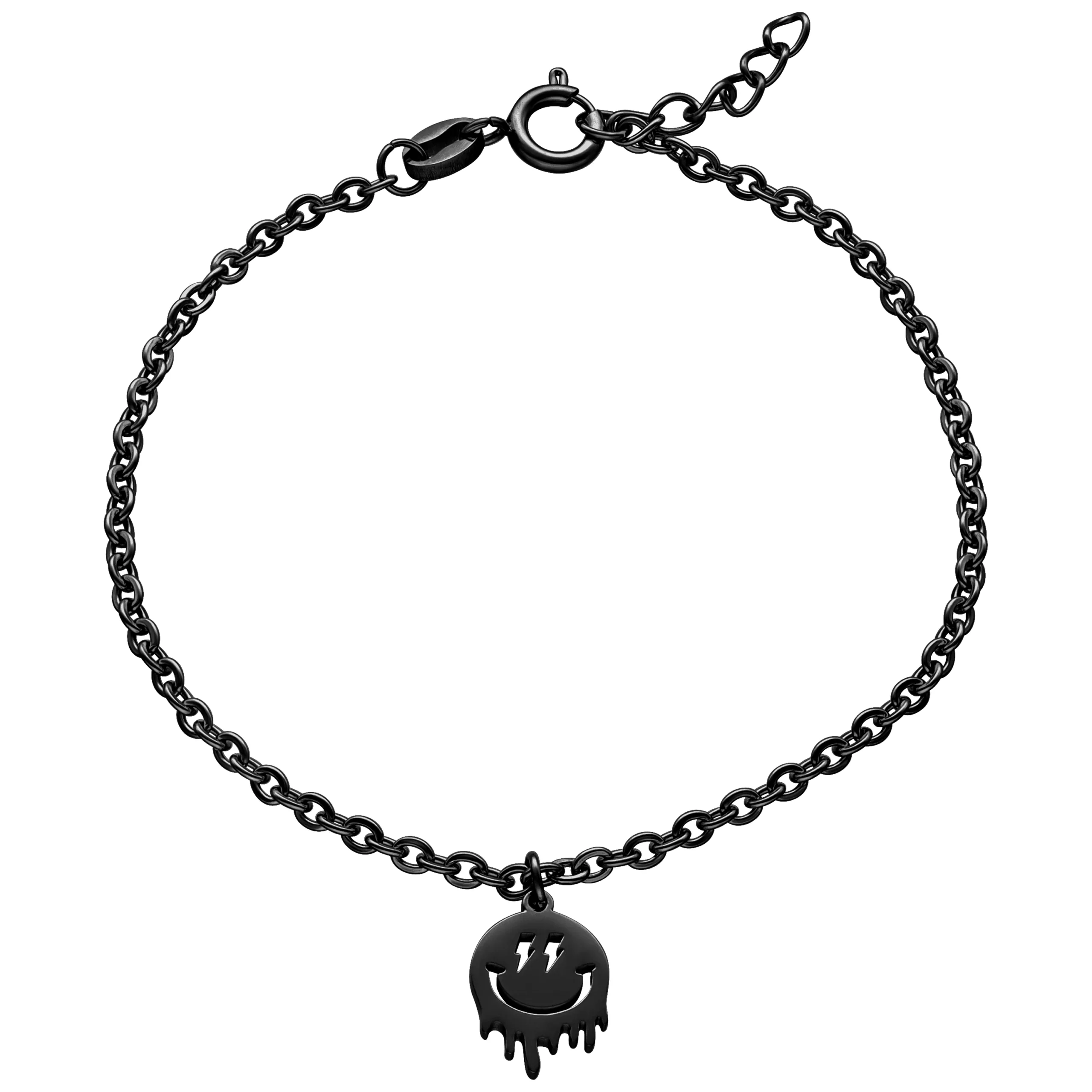Little Smiley -rannekoru mustana Musta metallirannekoru, jossa on Smiley-riipus valkoisella taustalla