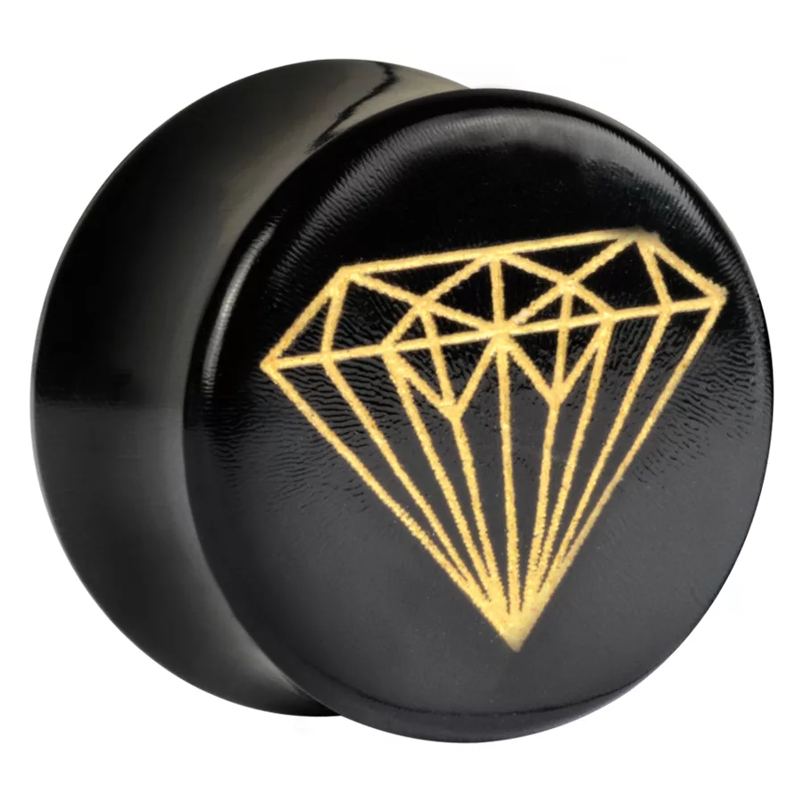Schwarzer Horn-Plug mit goldenem Diamant-Design auf weißem Hintergrund