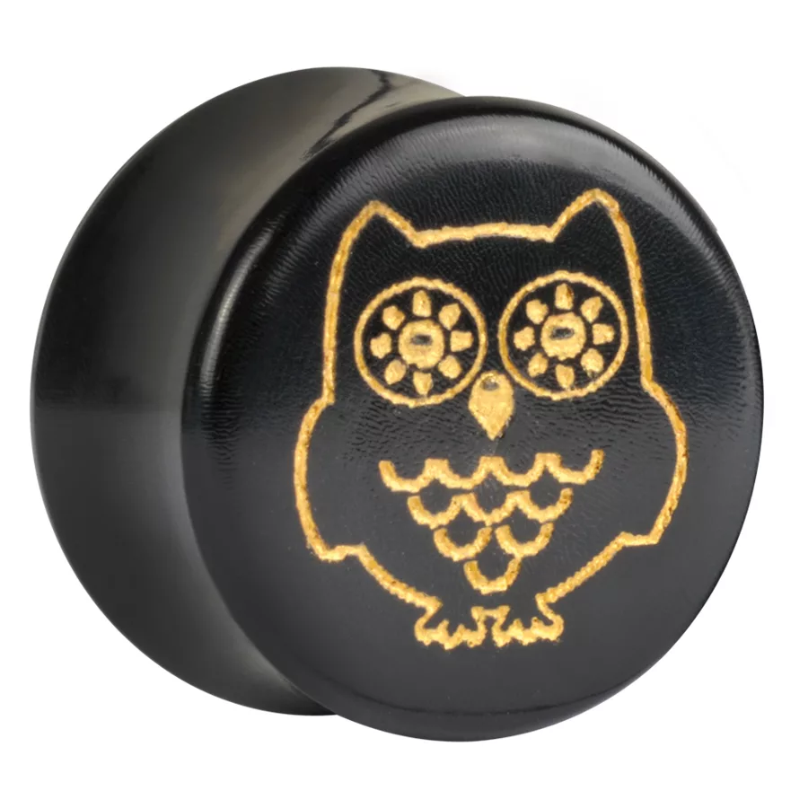 Goldener Eulen-Plug aus Horn, 26 mm Schwarzer Plug aus Horn mit goldener Eulen-Gravur, Größe 26 mm