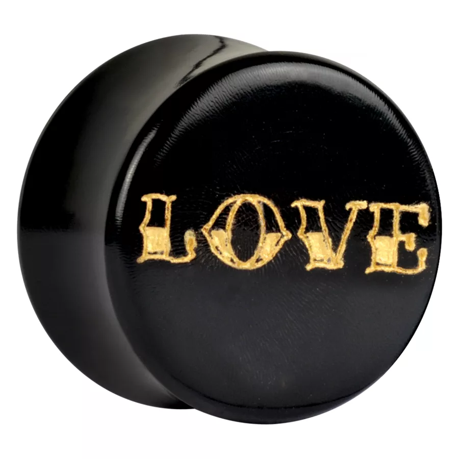 Goldene Love Horn Plug 18mm Schwarzer Horn-Plug mit goldener LOVE-Gravur, Größe 18mm