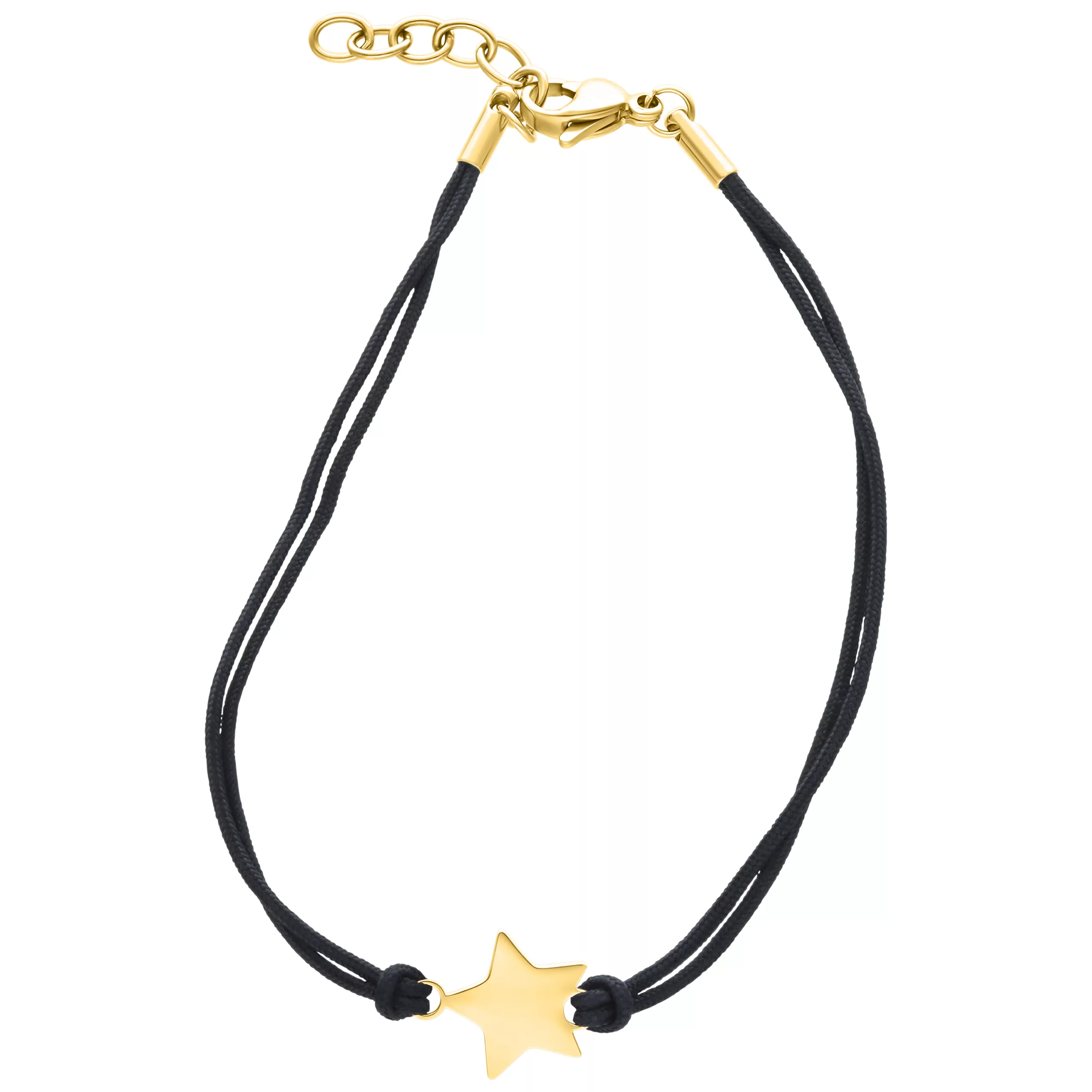 Musta nylonrannekoru kultaisella tähti-riipuksella valkoisella taustalla