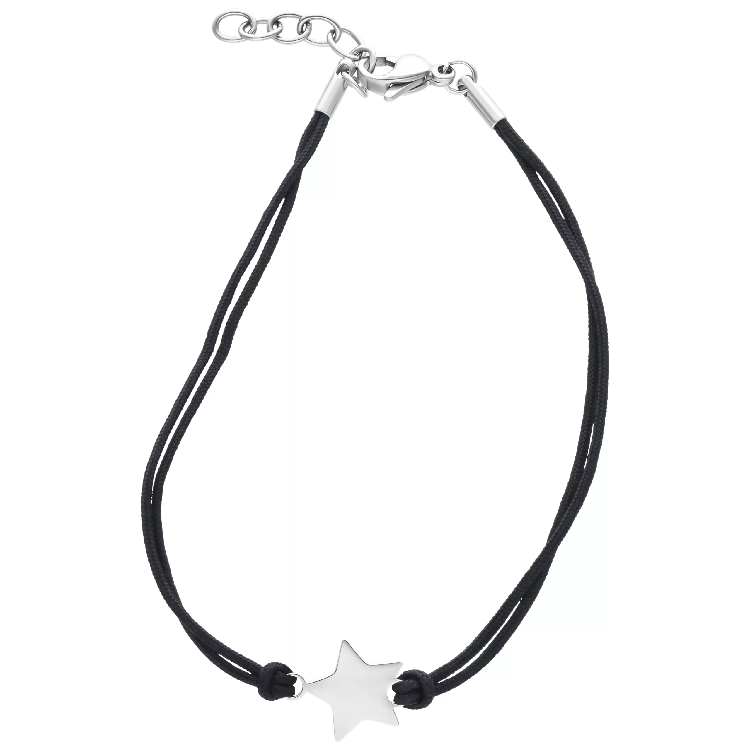 Musta nylonrannekoru hopeisella tähtiriipuksella valkoisella taustalla