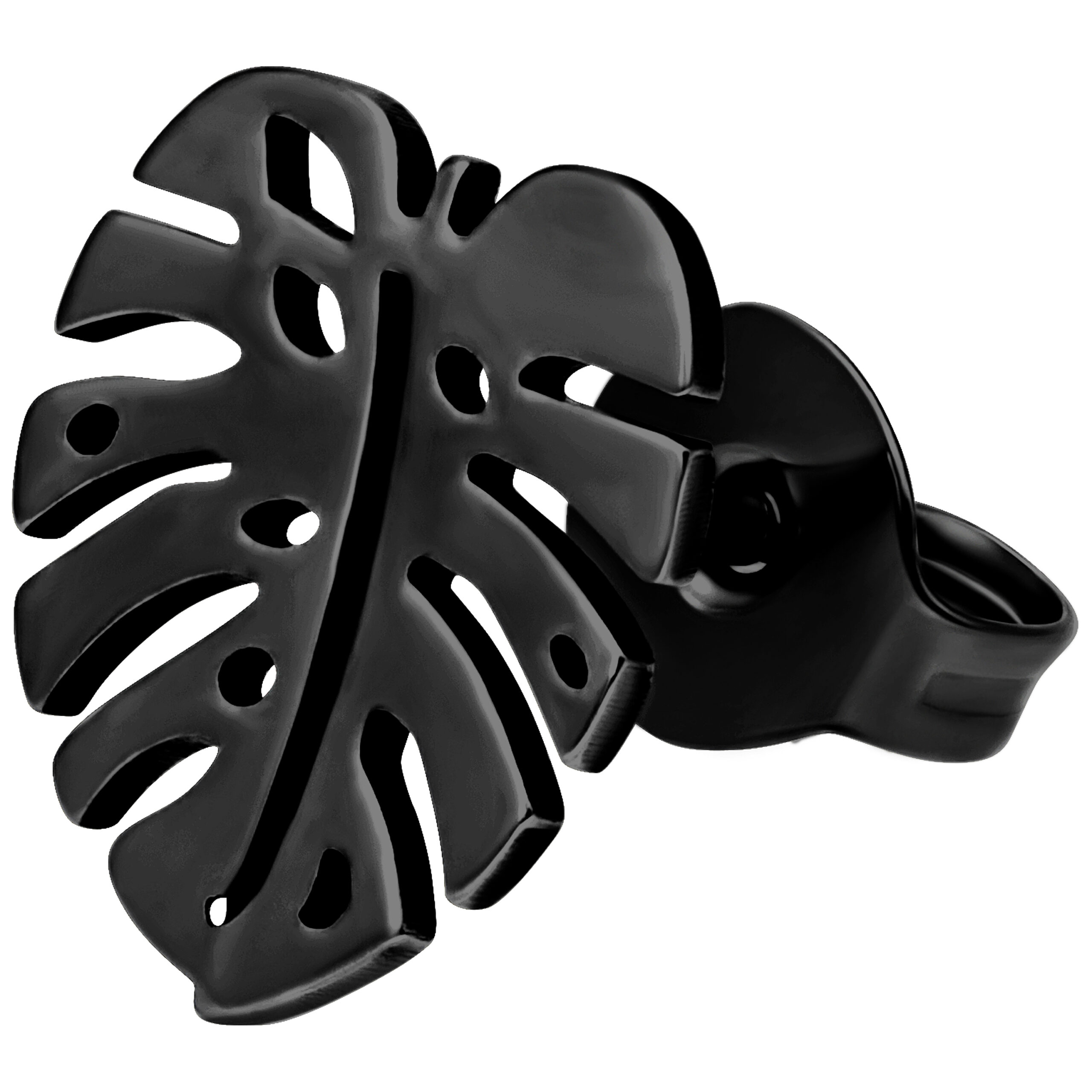 Schwarze Monstera Ohrstecker aus Titan auf weißem Hintergrund
