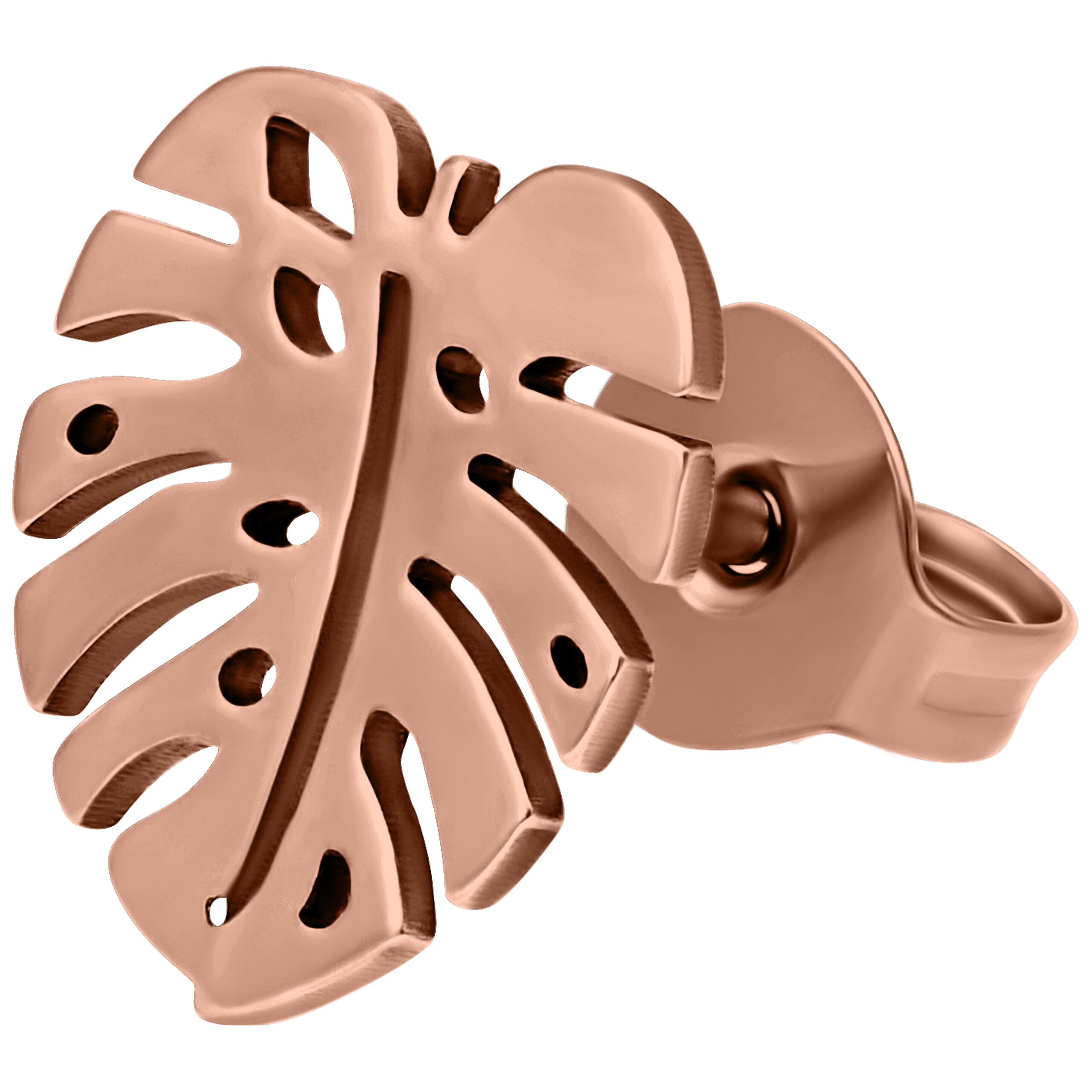 Ruusukultaiset Monstera-korvakorut valkoisella taustalla