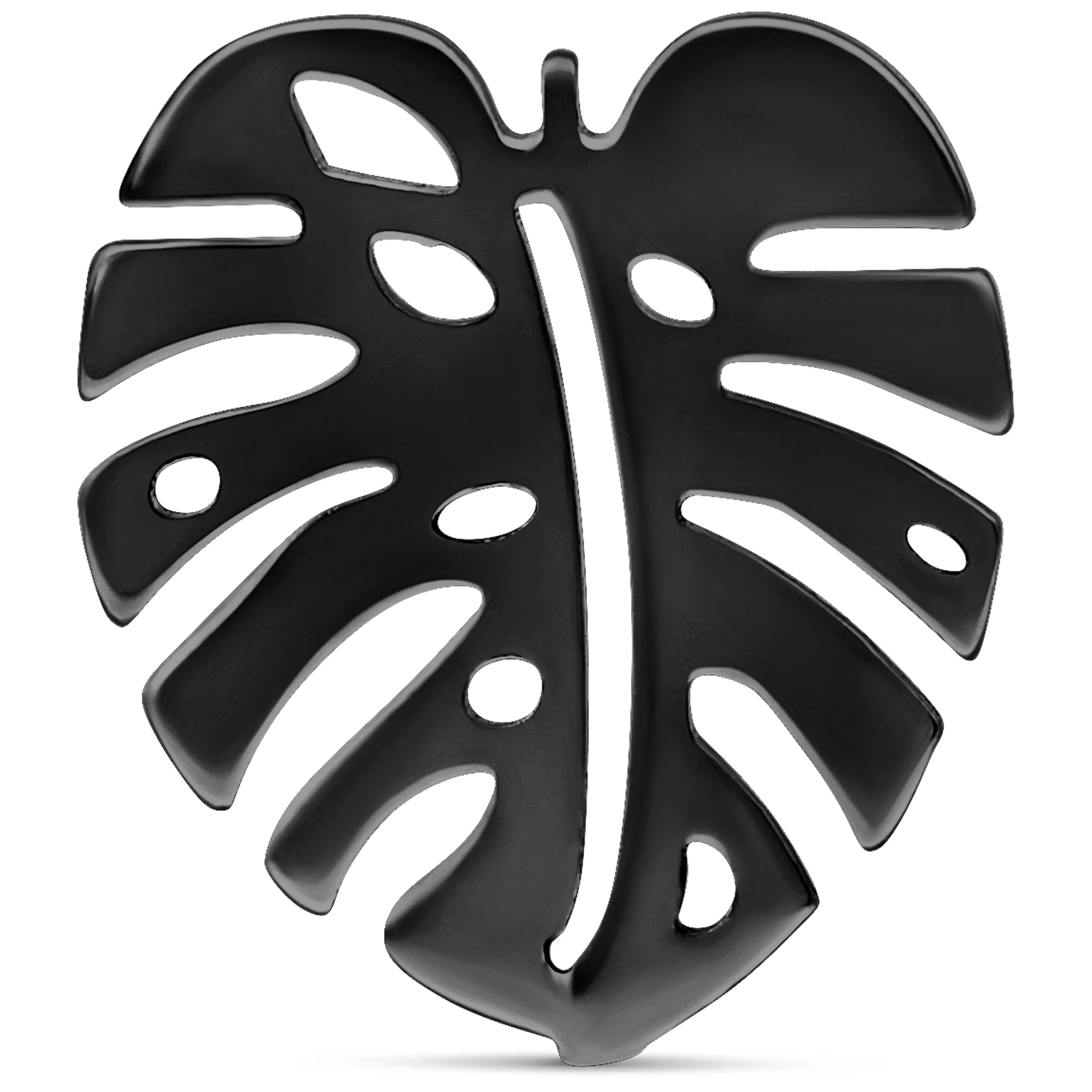 Musta Monstera korvakorut kirurginteräksestä Musta Monstera korvakorut kiiltävästä kirurginteräksestä valkoisella taustalla