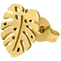 Kultaiset Monstera-korvakorut kiiltävästä kirurginteräksestä valkoisella taustalla