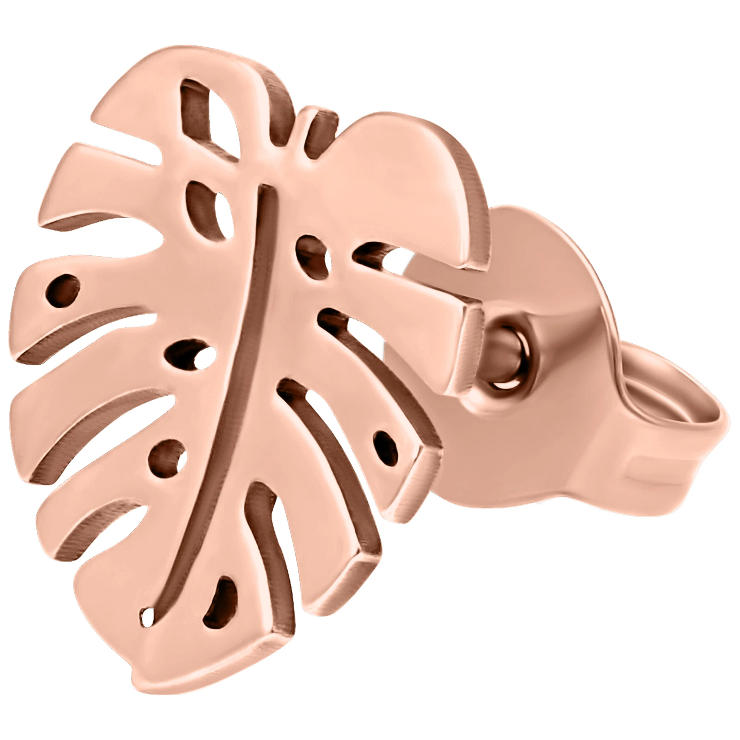 Ruusukultaiset Monstera-korvakorut valkoisella taustalla