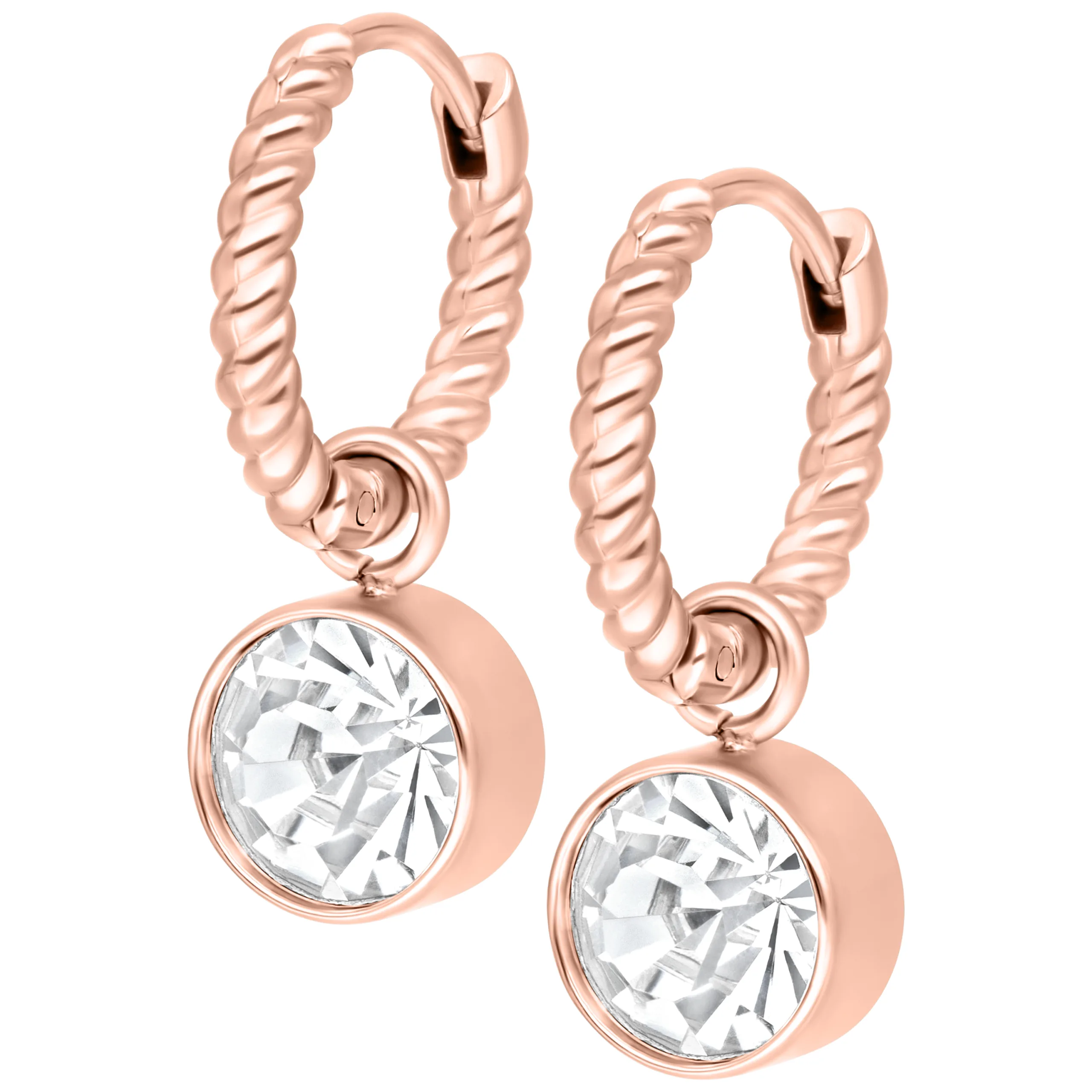 Rosékultaiset korvakorut kiertyvällä muotoilulla ja kirkkaalla kristallilla, valkoisella taustalla