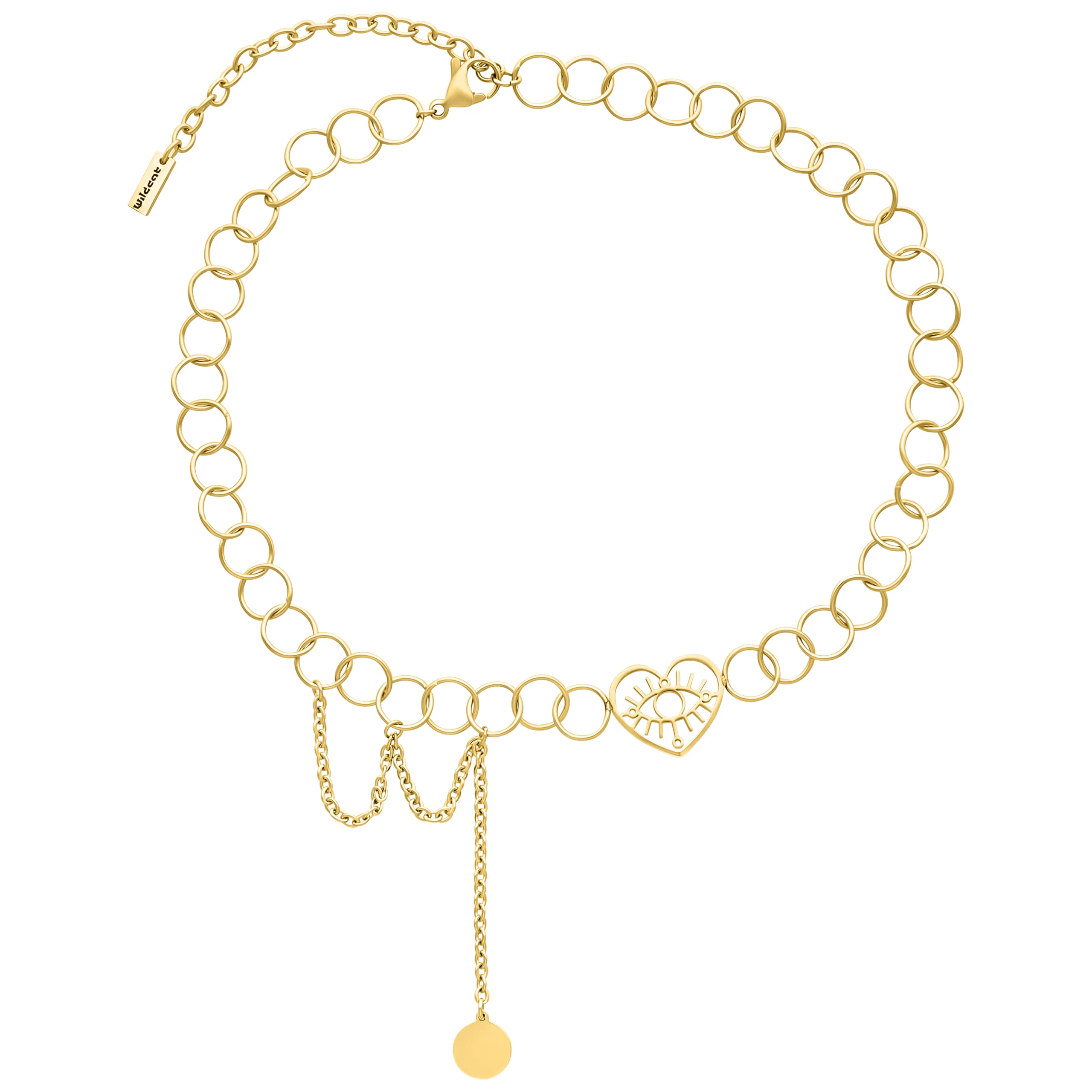 Kultainen choker, jossa sydänsilmä-riipus valkoisella taustalla