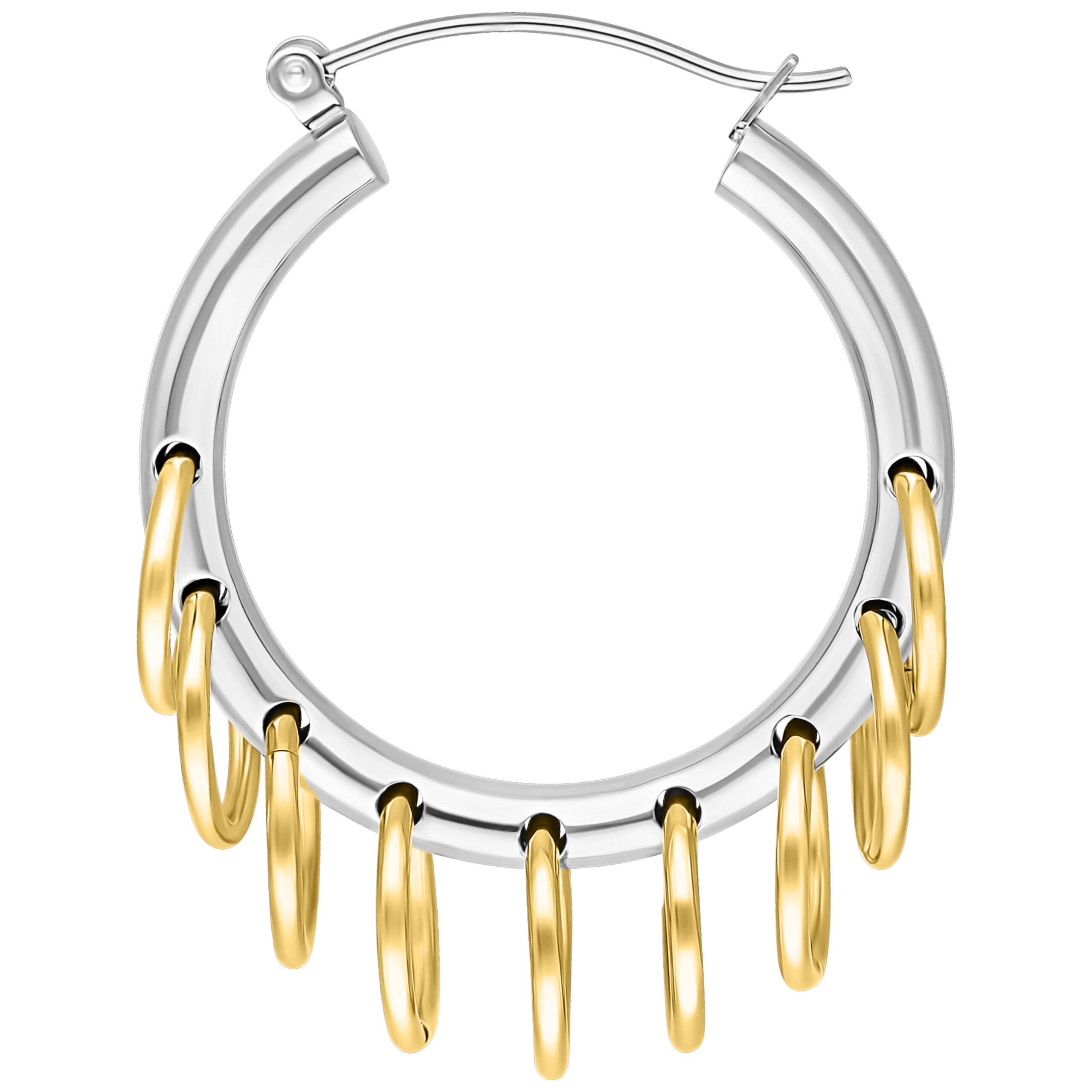 Hopeinen kirurginteräksinen korvakoru kultaisilla riipuksilla valkoisella taustalla