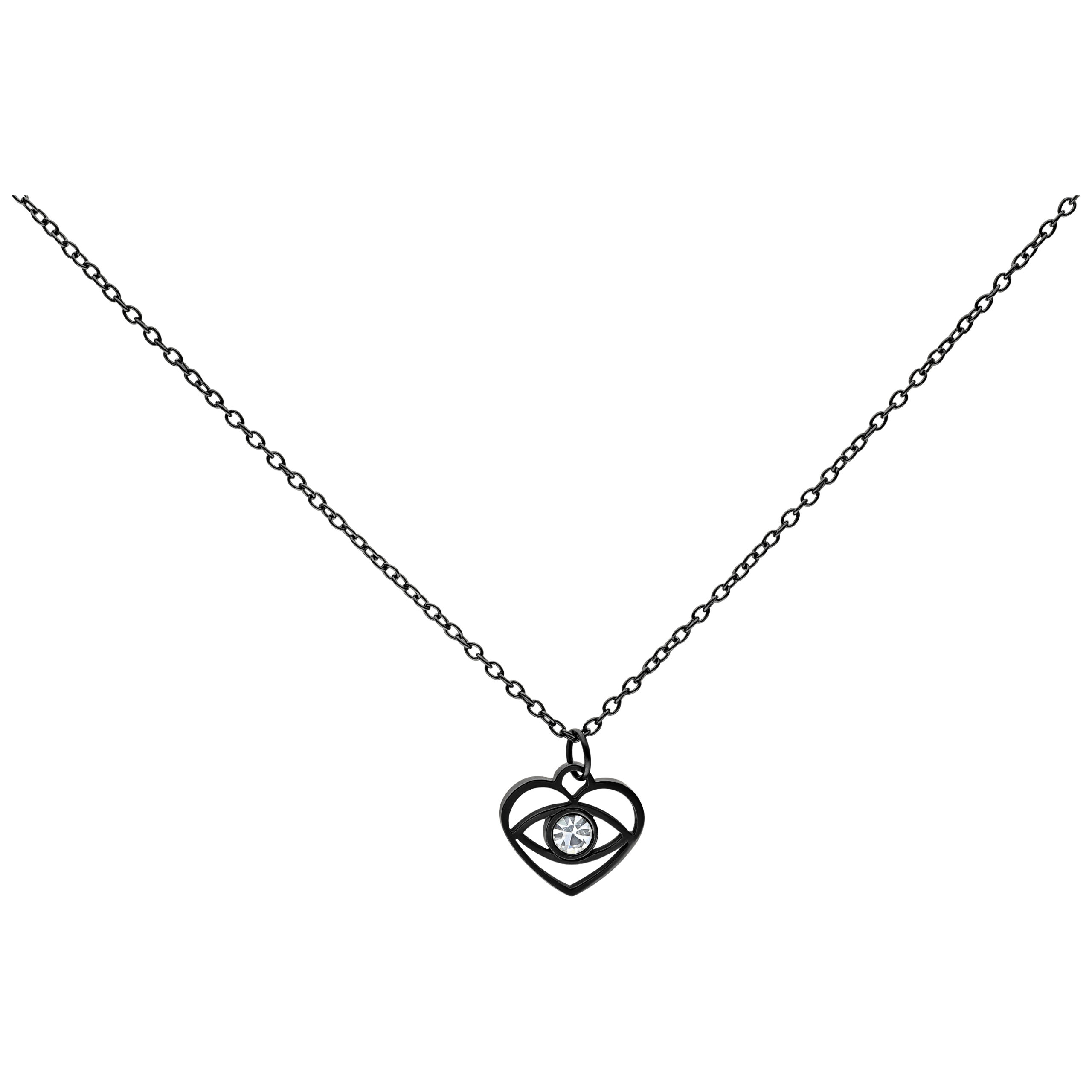 Schwarze Metallkette mit Auge-Anhänger Schwarze Halskette aus Chirurgenstahl mit Auge-Anhänger und Kristall auf weißem Hintergrund
