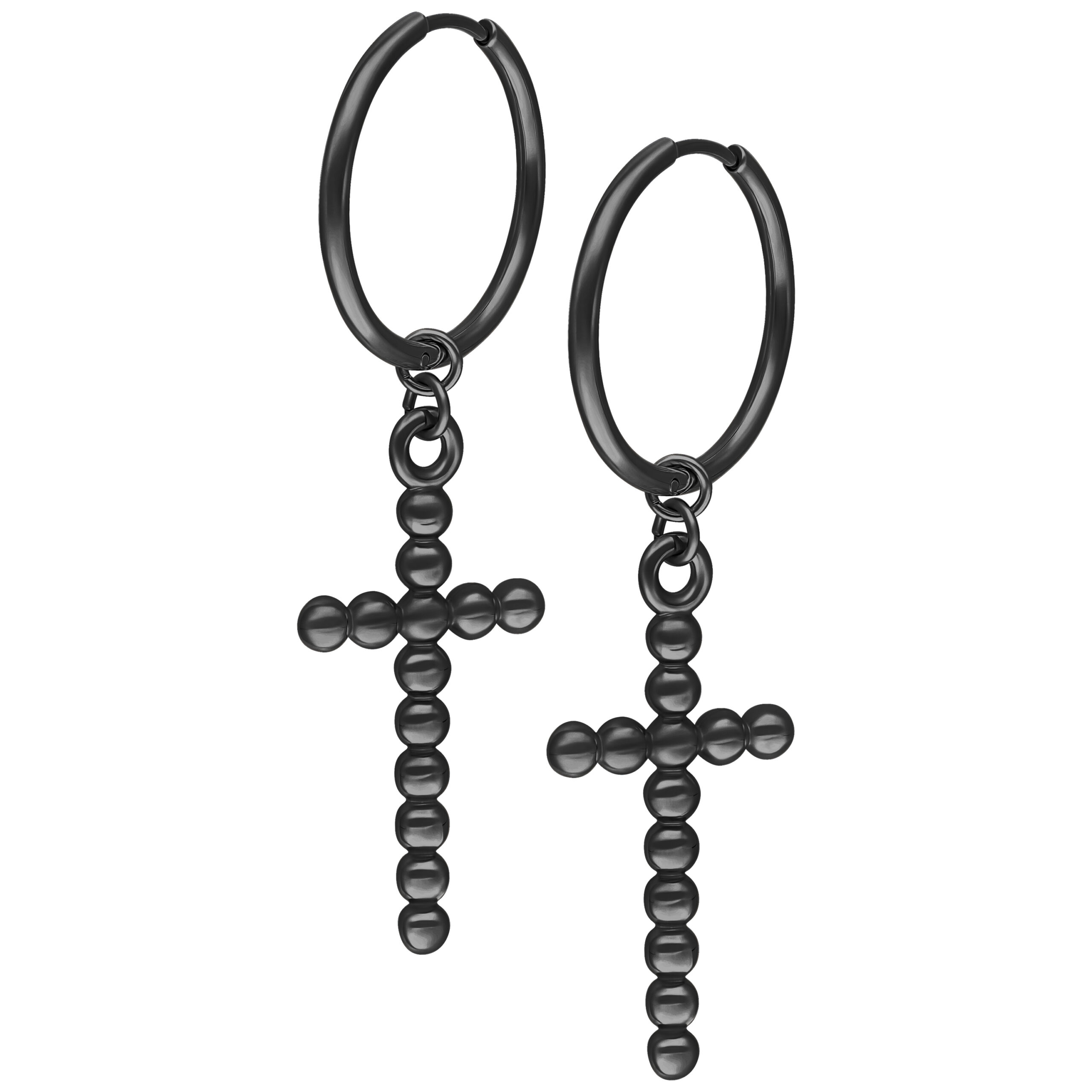 Schwarze Bubble Cross Hoops Ohrringe Schwarze Ohrringe mit Kreuzanhänger aus Kugeln, glänzend, auf weißem Hintergrund